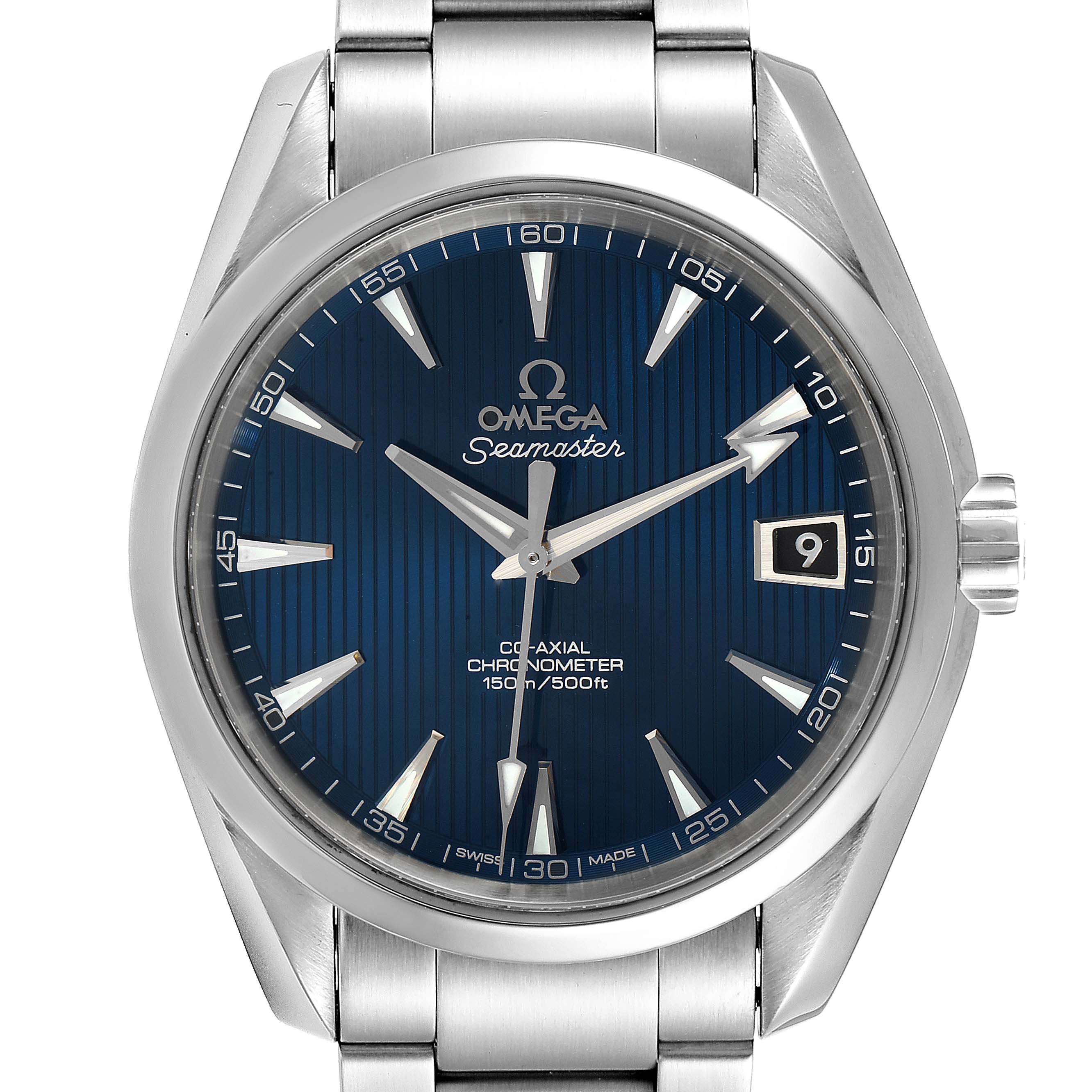 The image shows a front view of the Omega Aqua Terra 231.10.39.21.03.001 Men
s Stainless Steel Blue Dial 231.10.39.21.03.001 Men
s Stainless Steel Blue Dial watch, displaying the dial, hands, markers, date window, and part of the bracelet.