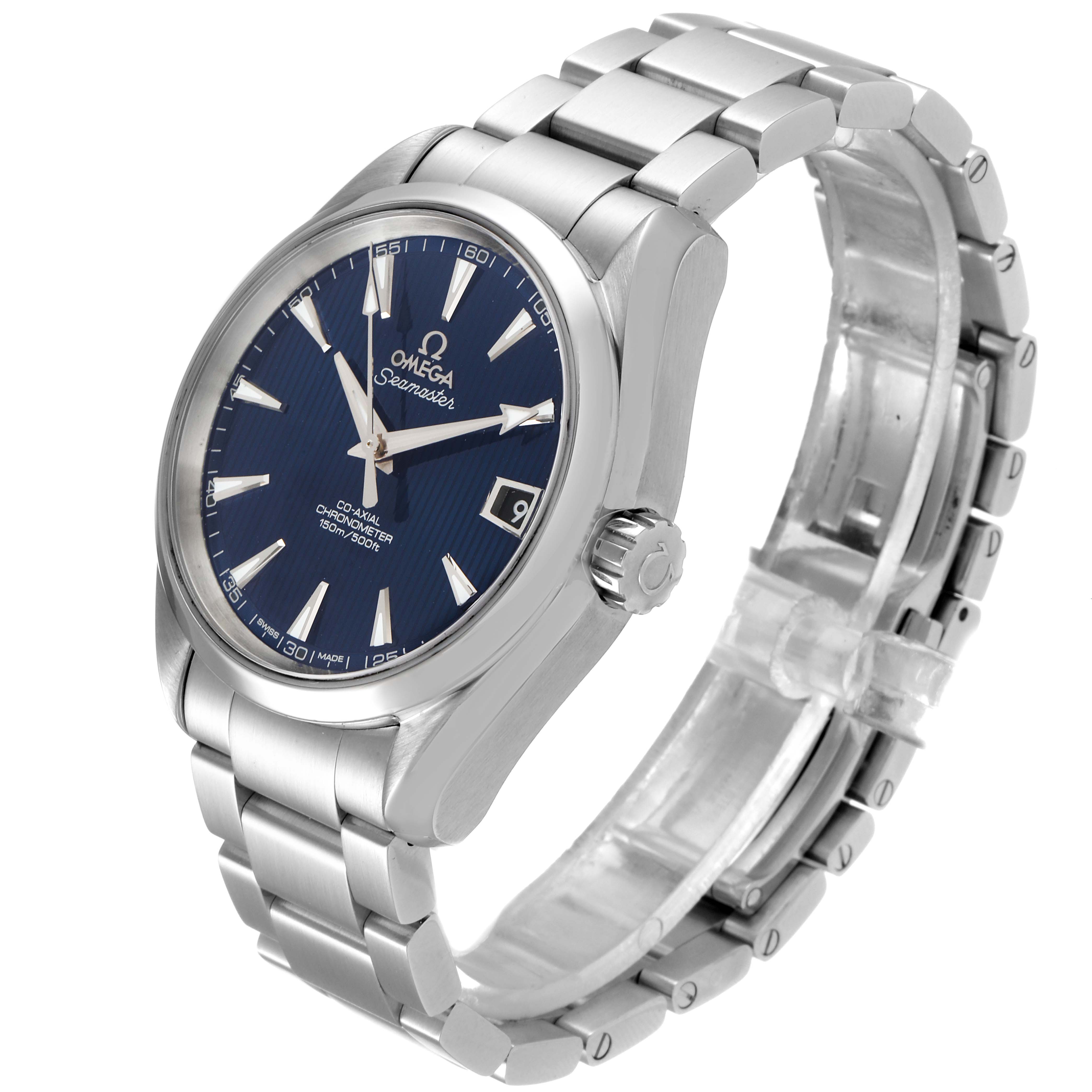 This Omega Aqua Terra 231.10.39.21.03.001 Men
s Stainless Steel Blue Dial 231.10.39.21.03.001 Men
s Stainless Steel Blue Dial watch is shown from an angled side view, highlighting the dial, bezel, crown, and bracelet.