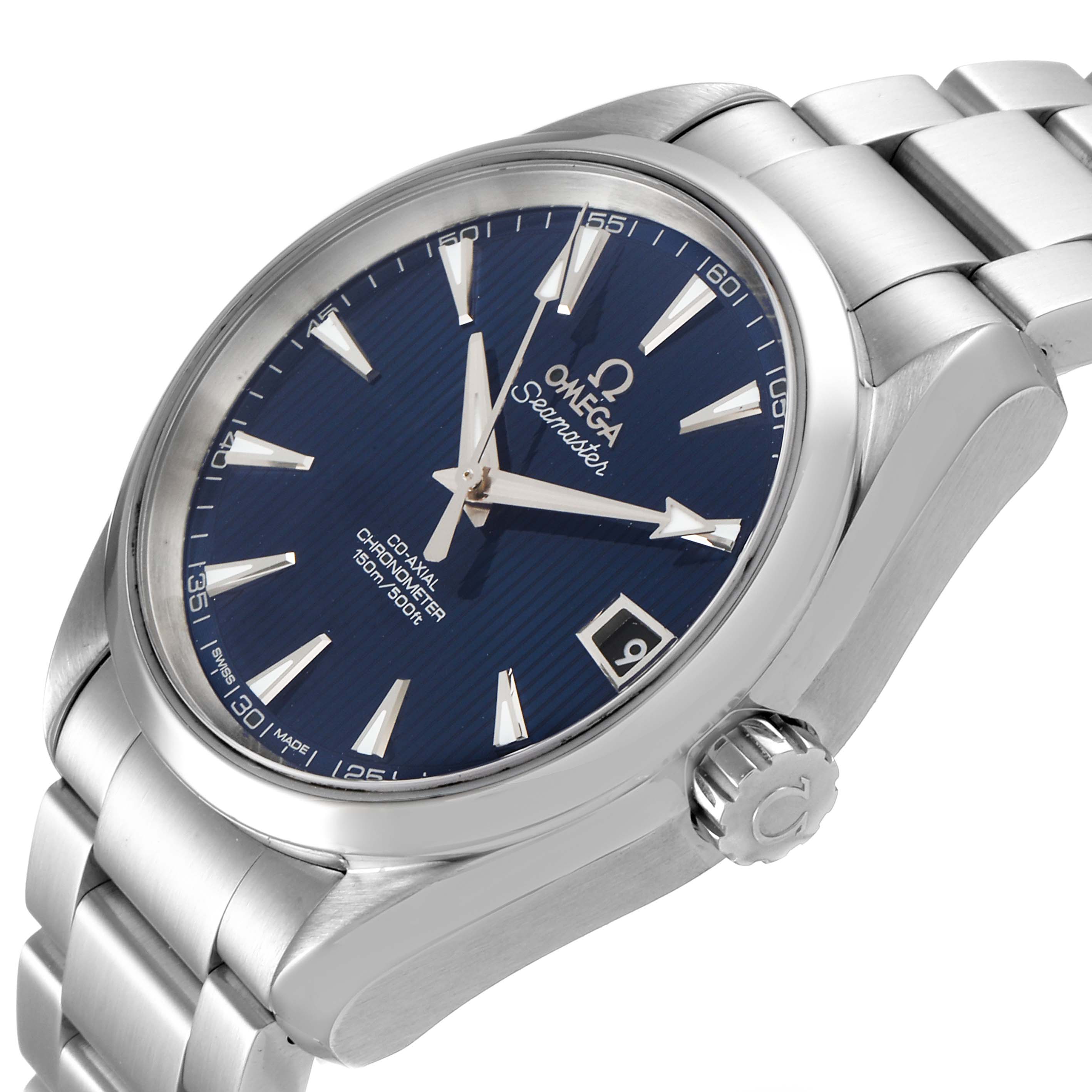 The image shows an Omega Aqua Terra 231.10.39.21.03.001 Men
s Stainless Steel Blue Dial 231.10.39.21.03.001 Men
s Stainless Steel Blue Dial watch from an upper side angle, highlighting the dial, crown, and bracelet.