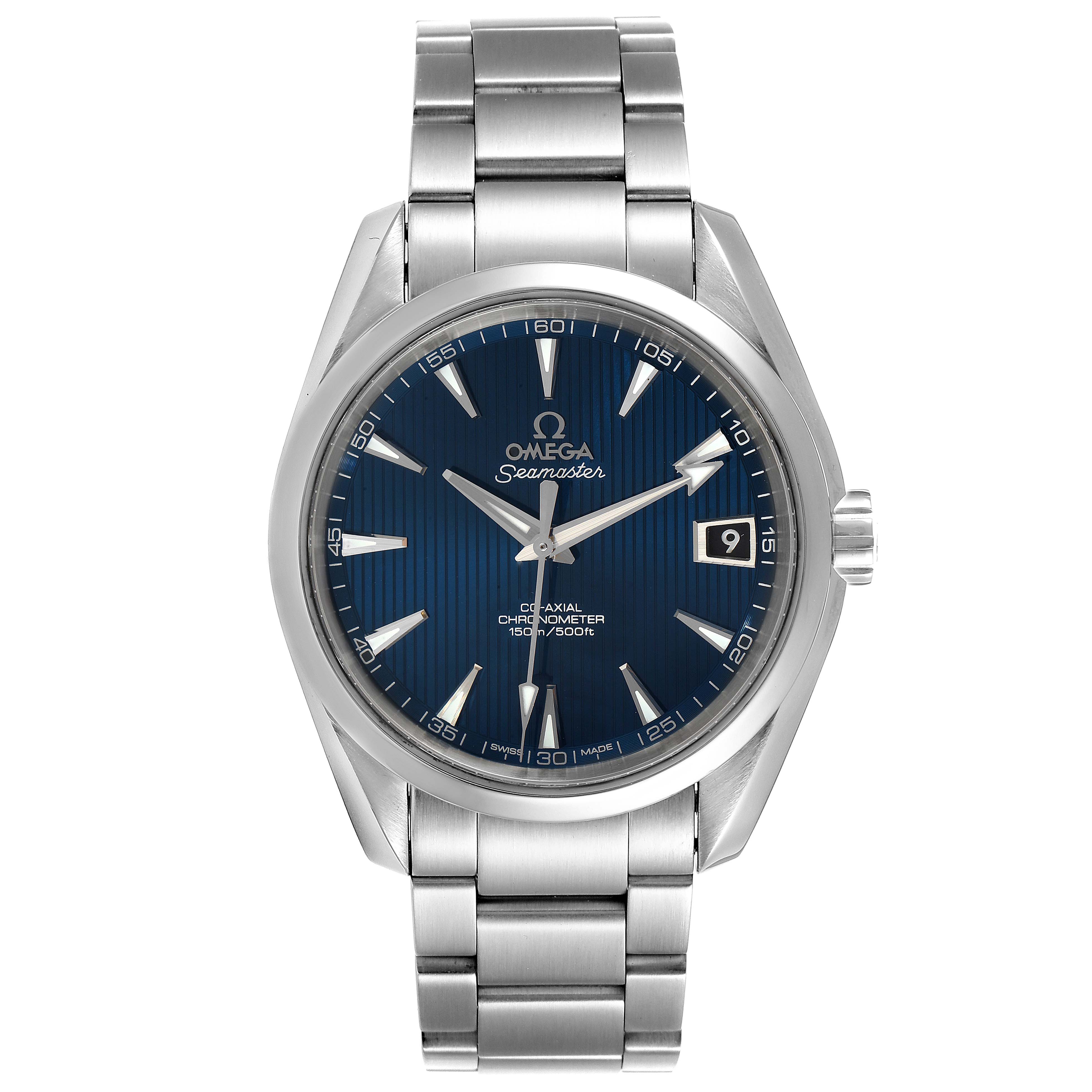 This image displays a front view of the Omega Aqua Terra 231.10.39.21.03.001 Men
s Stainless Steel Blue Dial 231.10.39.21.03.001 Men
s Stainless Steel Blue Dial watch, showing the dial, bezel, and bracelet.