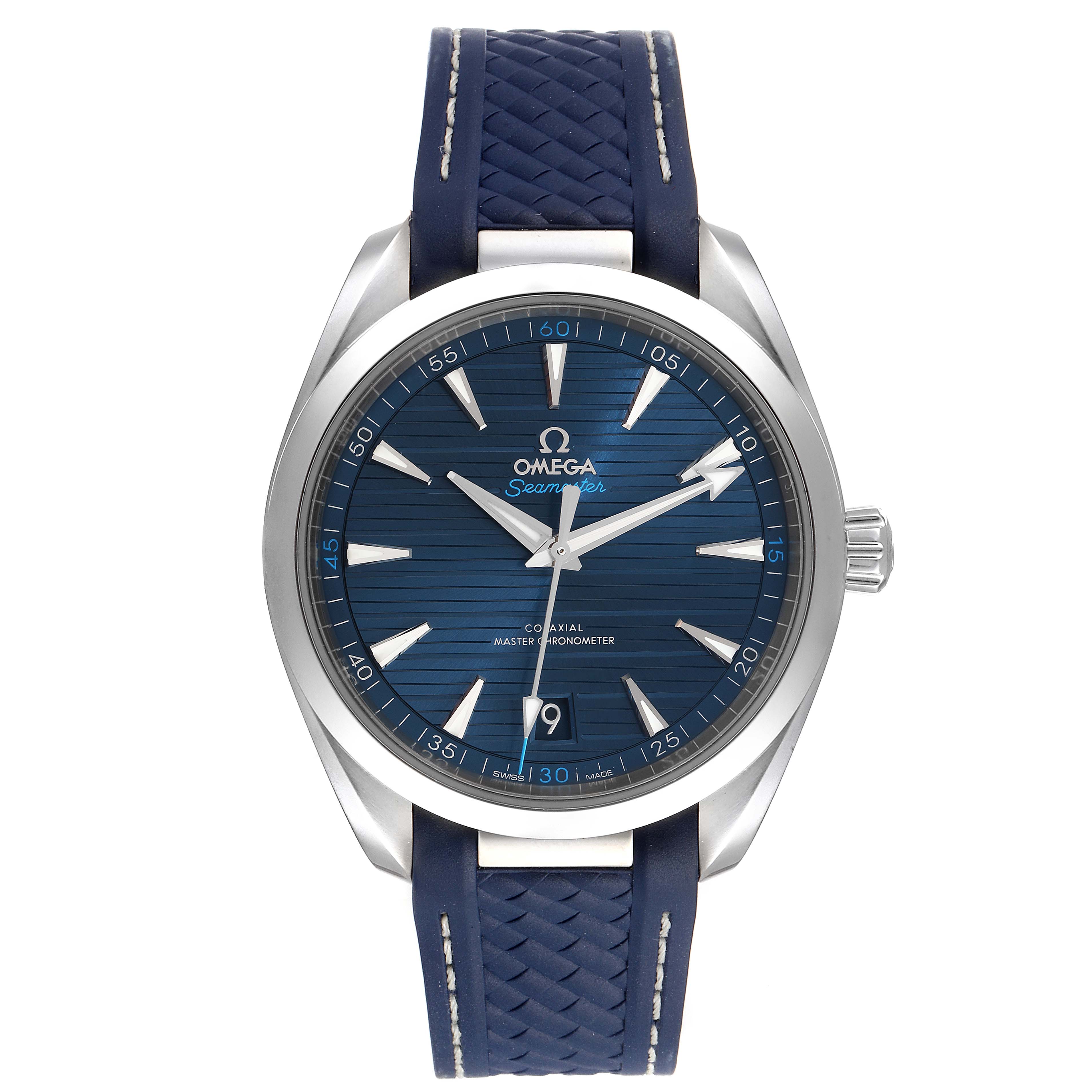 The Omega Aqua Terra 220.12.41.21.03.001 Men
s Stainless Steel Blue Dial 220.12.41.21.03.001 Men
s Stainless Steel Blue Dial watch is shown from the front, displaying the dial, hands, bezel, and blue strap.