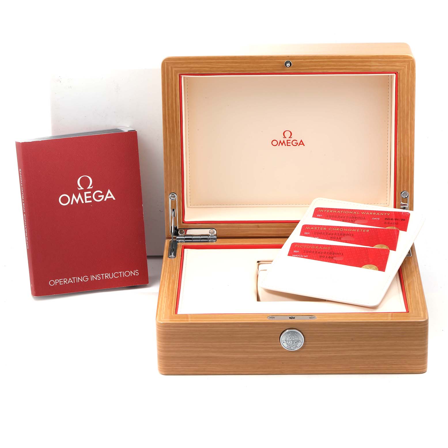 The image shows an Omega Aqua Terra 220.12.41.21.03.001 Men
s Stainless Steel Blue Dial 220.12.41.21.03.001 Men
s Stainless Steel Blue Dial watch box, warranty cards, and operating instructions from a frontal angle.