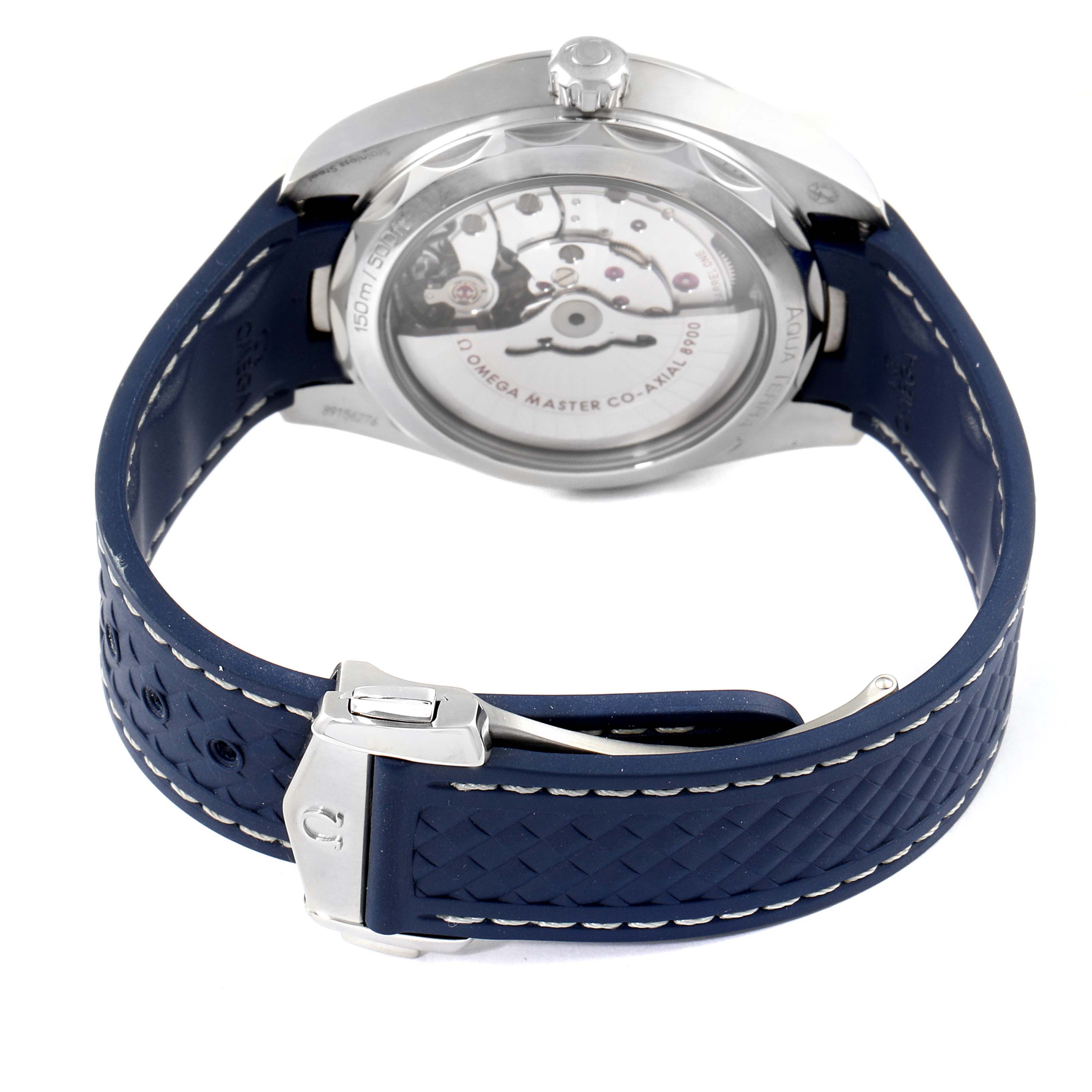 The image shows the back and side of an Omega Aqua Terra 220.12.41.21.03.001 Men
s Stainless Steel Blue Dial 220.12.41.21.03.001 Men
s Stainless Steel Blue Dial watch, highlighting the movement and blue strap with buckle.