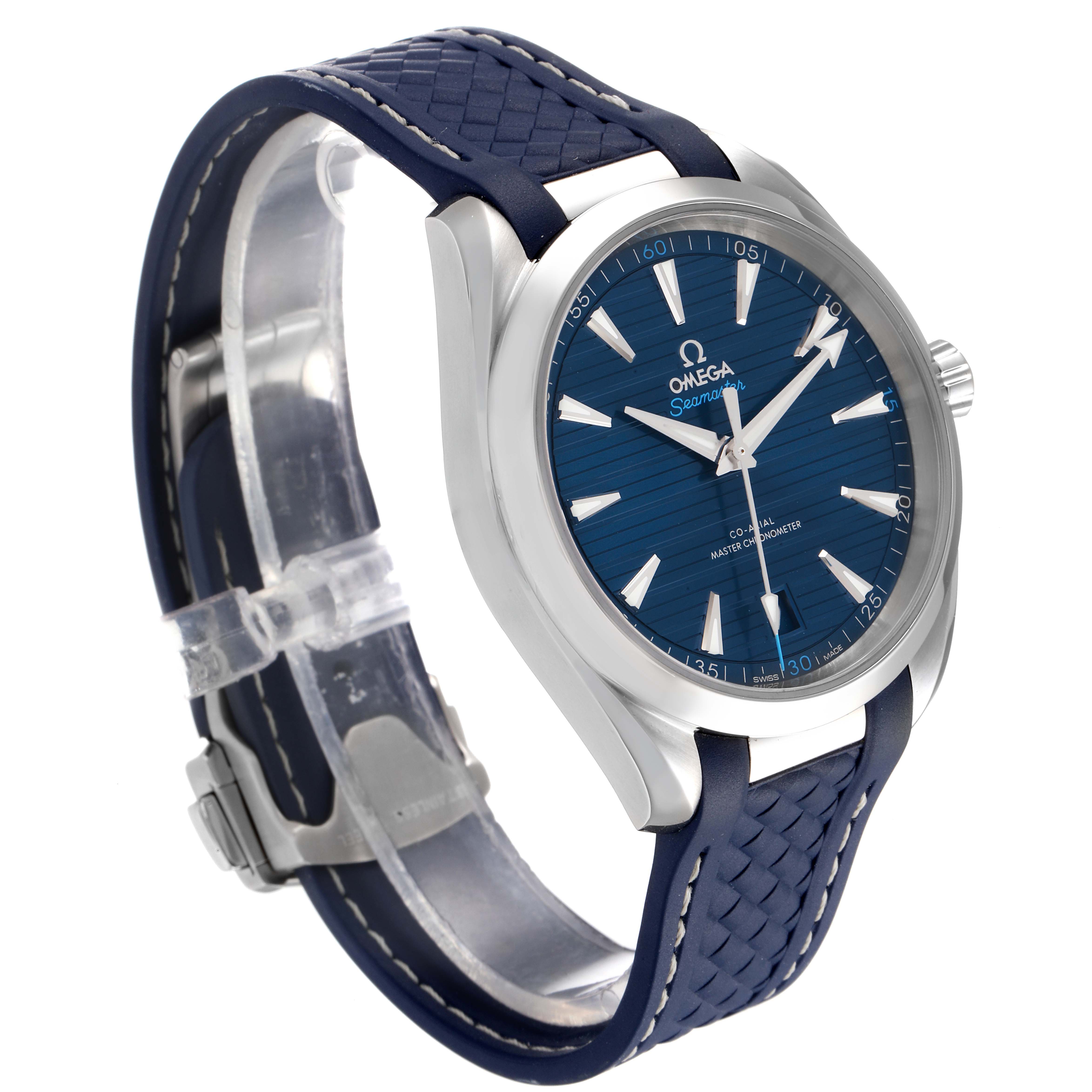 The image shows a side-angle view of the Omega Aqua Terra 220.12.41.21.03.001 Men
s Stainless Steel Blue Dial 220.12.41.21.03.001 Men
s Stainless Steel Blue Dial watch, displaying the blue dial, hands, and blue strap.