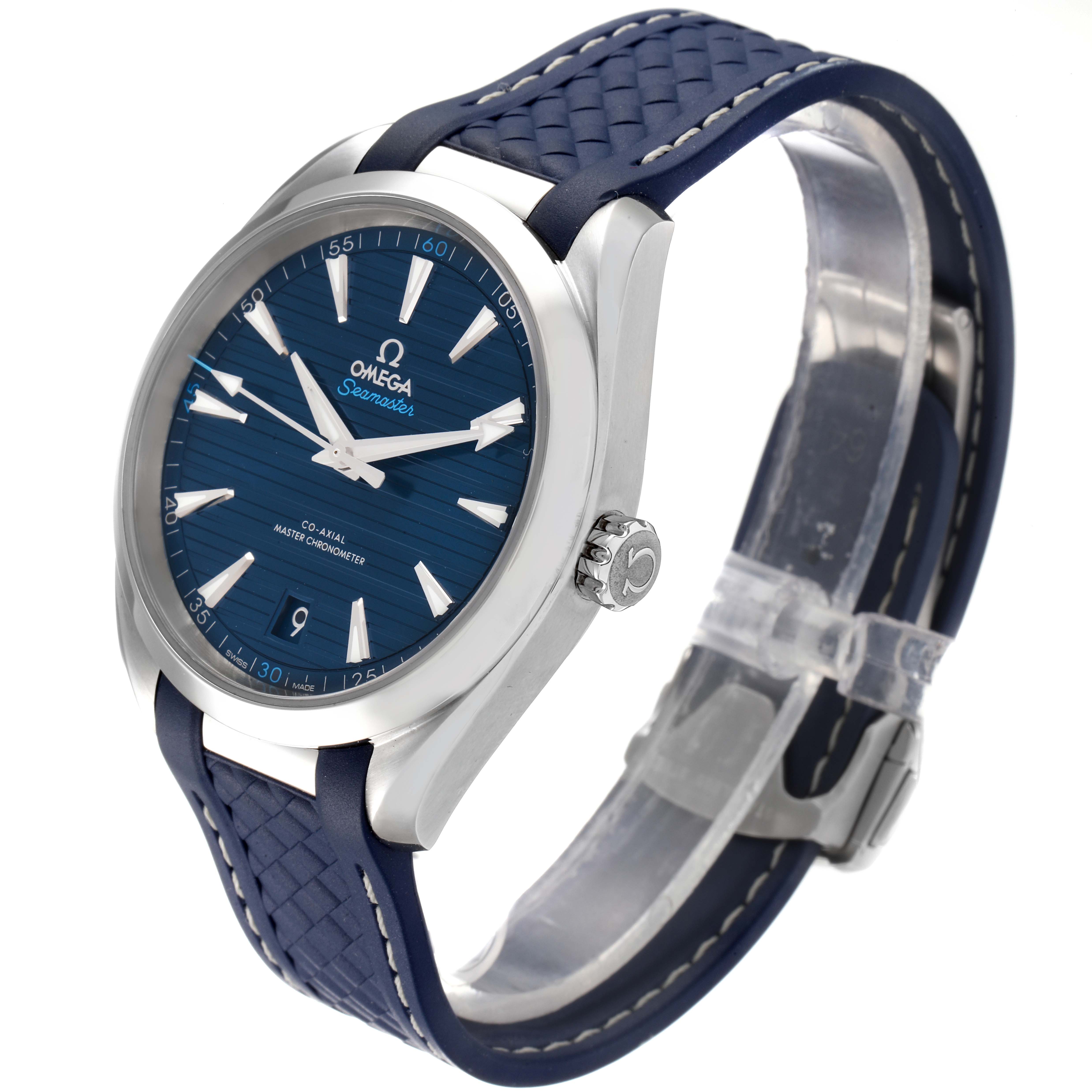 The Omega Aqua Terra 220.12.41.21.03.001 Men
s Stainless Steel Blue Dial 220.12.41.21.03.001 Men
s Stainless Steel Blue Dial watch is shown at a three-quarter angle, highlighting the blue dial, bezel, and blue strap.