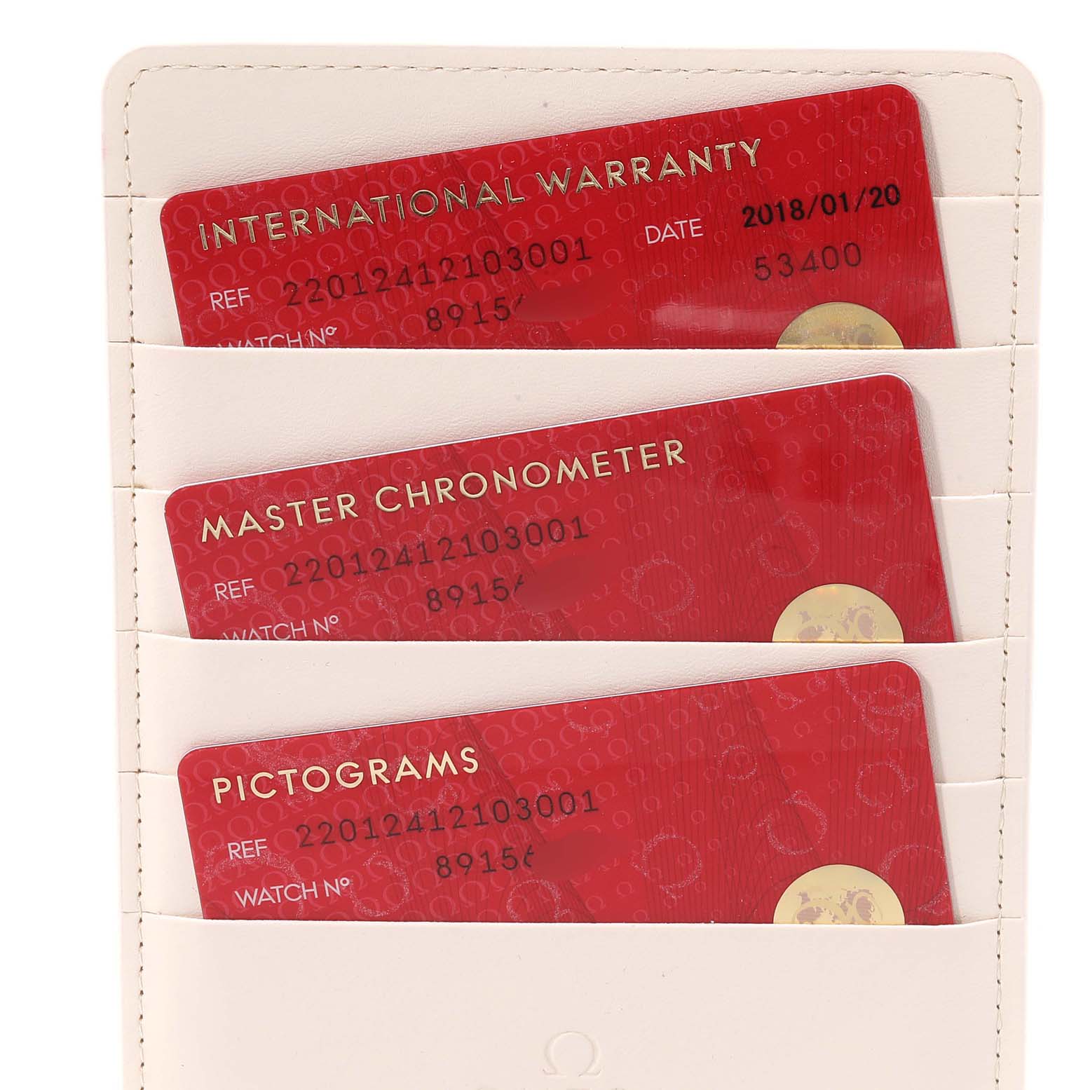 The image shows three red cards for the Aqua Terra model by Omega: International Warranty, Master Chronometer, and Pictograms.