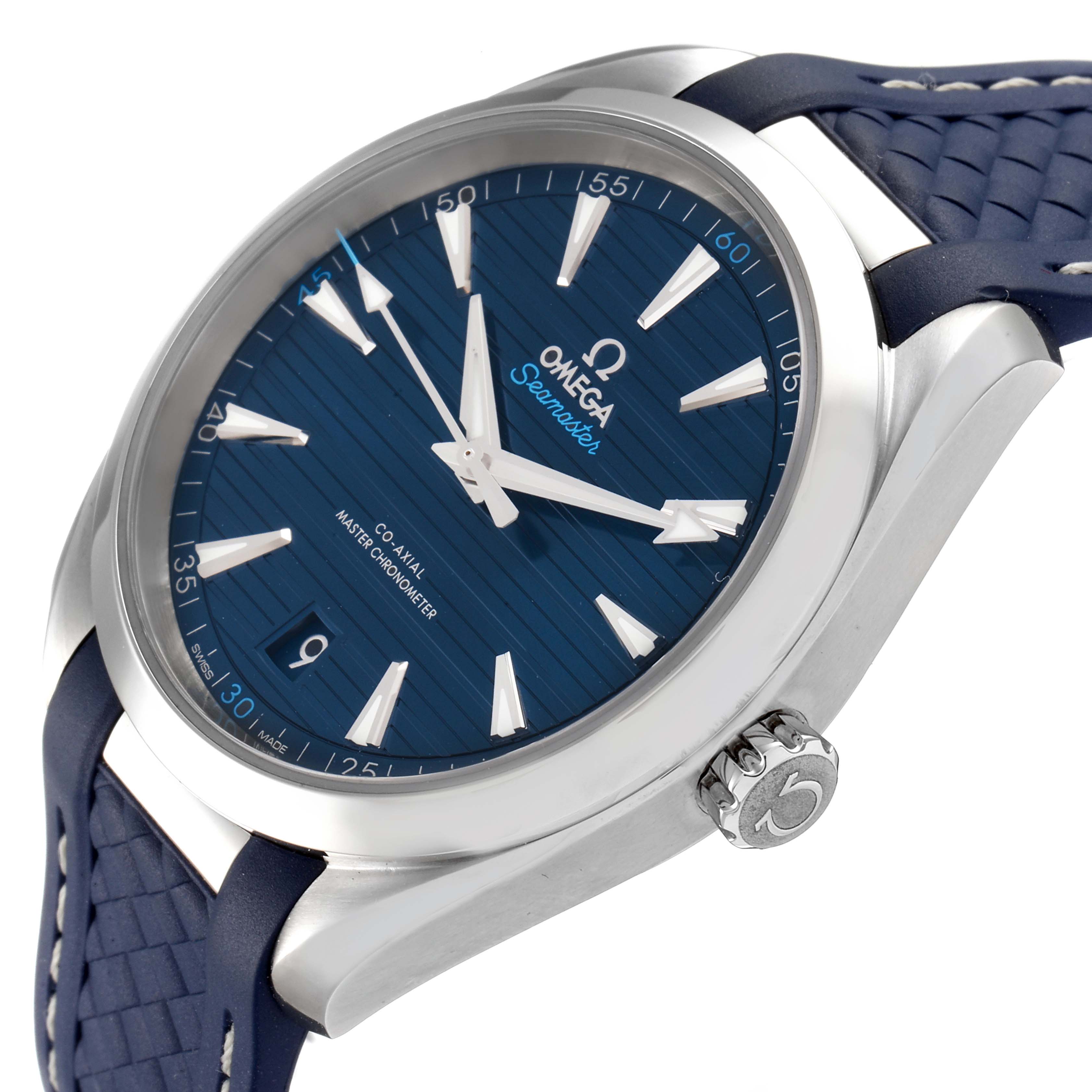 This image showcases the Omega Seamaster Aqua Terra watch from a slightly angled side view, highlighting its blue dial, crown, and strap.