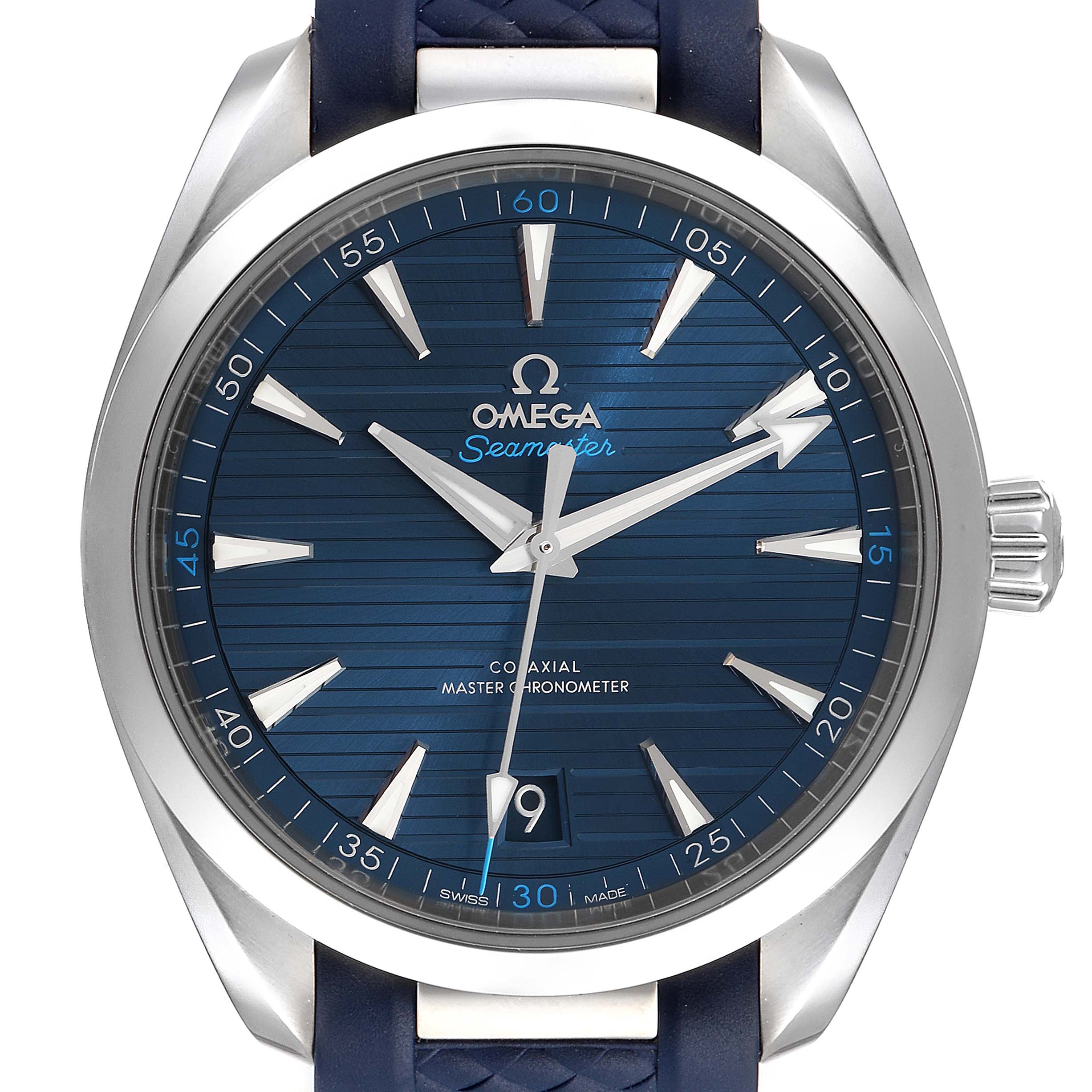 The image shows a front angle of the Omega Aqua Terra 220.12.41.21.03.001 Men
s Stainless Steel Blue Dial 220.12.41.21.03.001 Men
s Stainless Steel Blue Dial watch, highlighting its blue dial, silver hands, and date display.