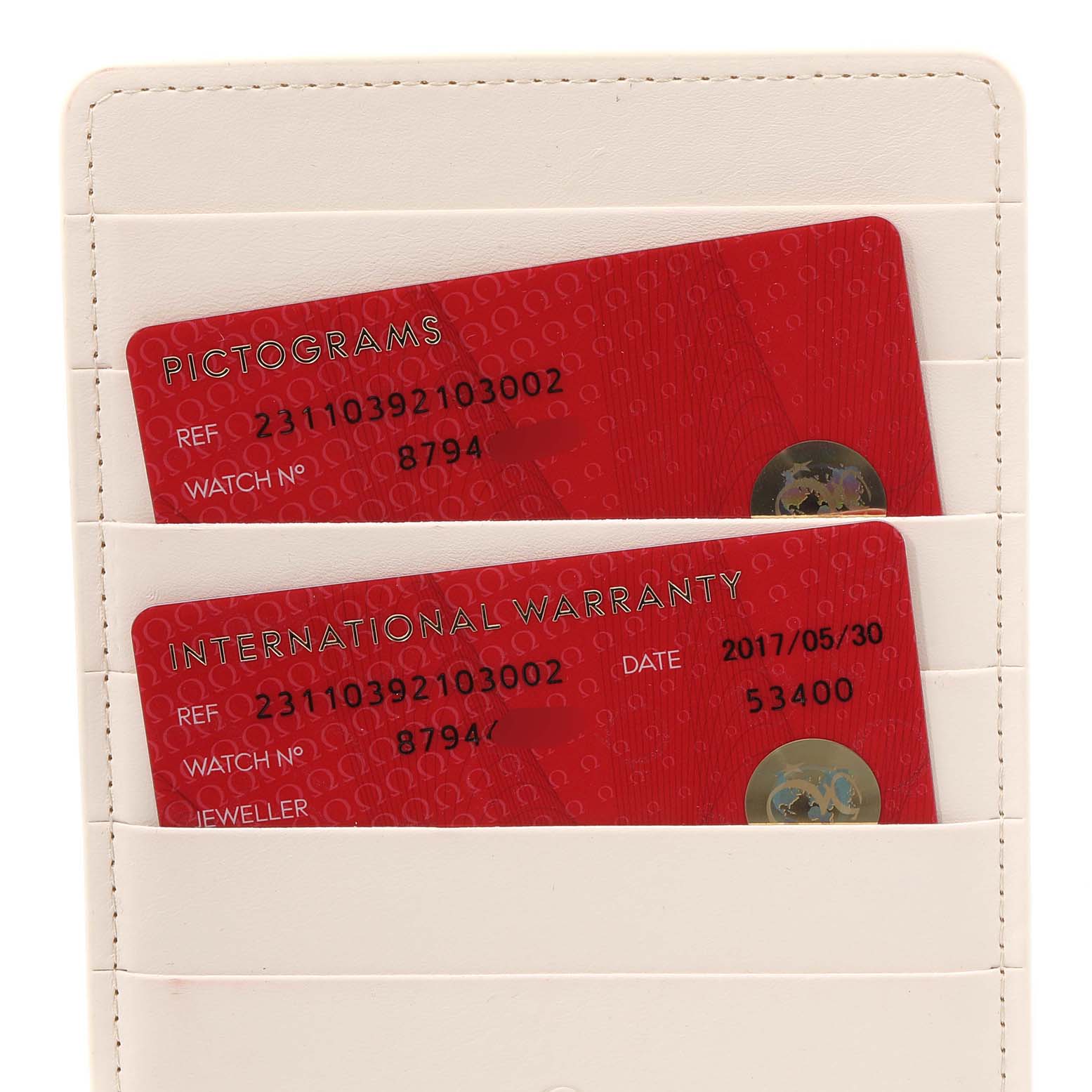 The image shows warranty and pictogram cards for the Omega Aqua Terra 231.10.39.21.03.002 Men
s Stainless Steel Blue Dial 231.10.39.21.03.002 Men
s Stainless Steel Blue Dial watch model, displayed in a white cardholder.