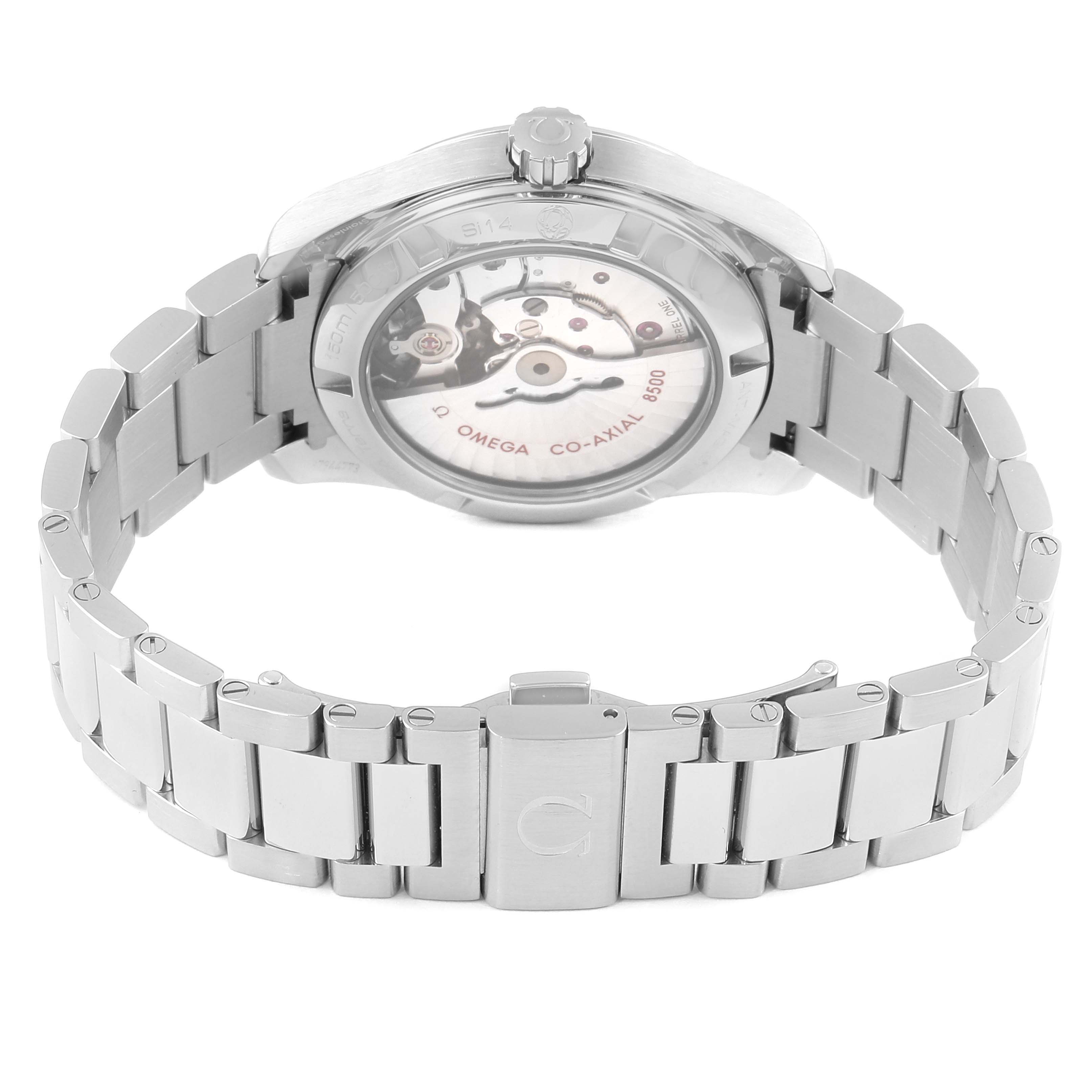 The image shows the back and bracelet of the Omega Aqua Terra 231.10.39.21.03.002 Men
s Stainless Steel Blue Dial 231.10.39.21.03.002 Men
s Stainless Steel Blue Dial watch, highlighting its movement and clasp.