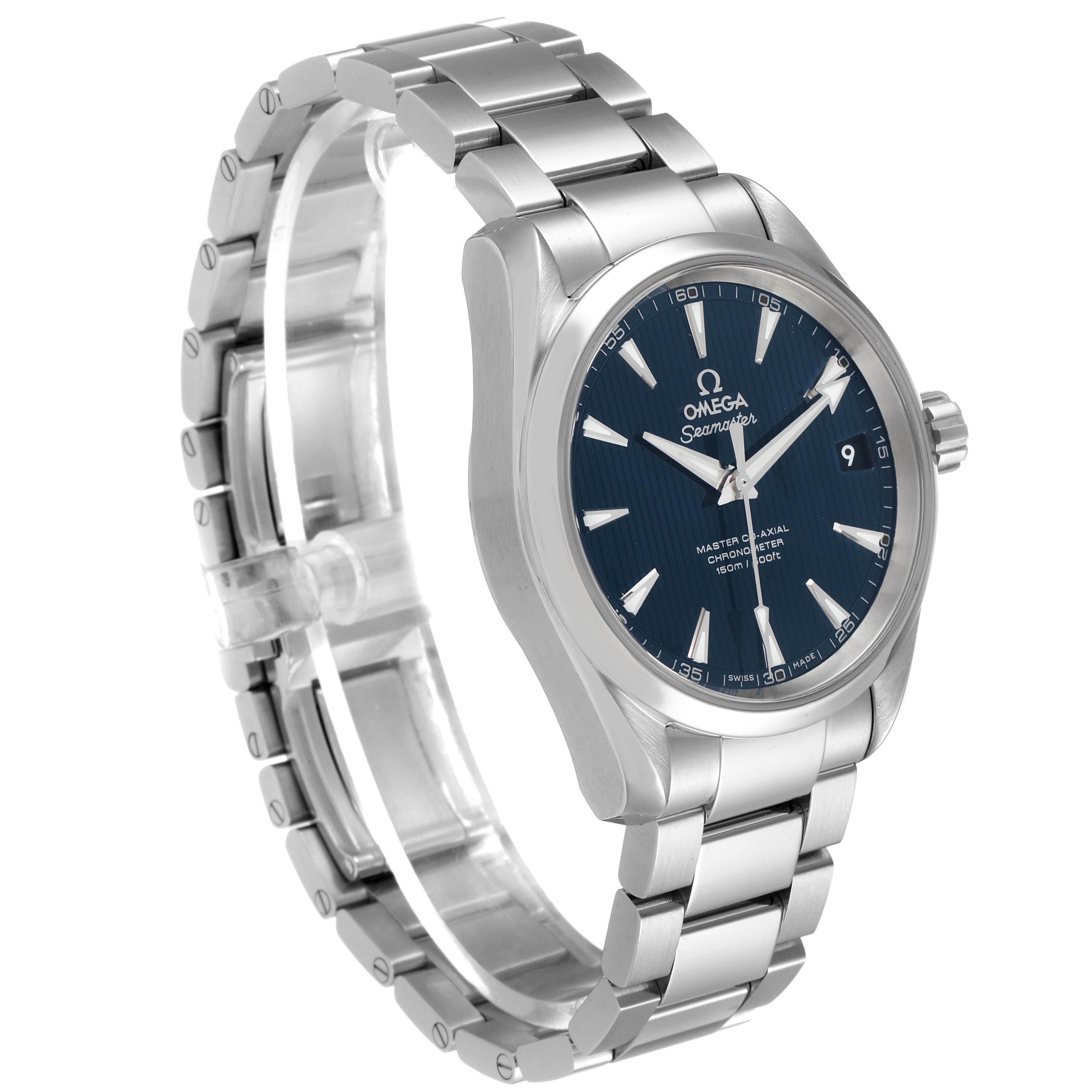 The Aqua Terra model by Omega is shown at a slight angle, showcasing the face, bezel, and stainless-steel bracelet.