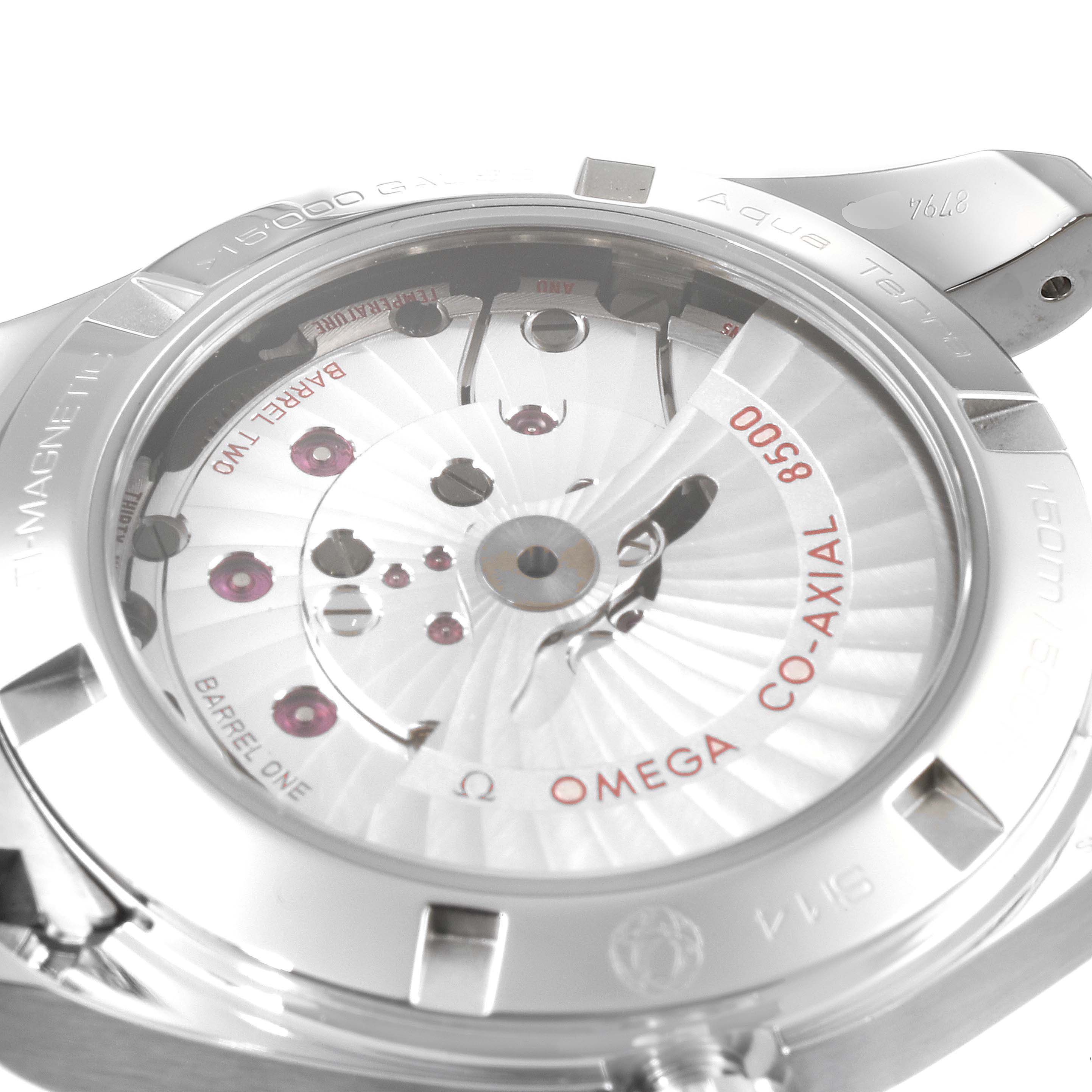 This is a close-up view of the Omega Aqua Terra 231.10.39.21.03.002 Men
s Stainless Steel Blue Dial 231.10.39.21.03.002 Men
s Stainless Steel Blue Dial watch showcasing its Co-Axial 8500 movement from the back.