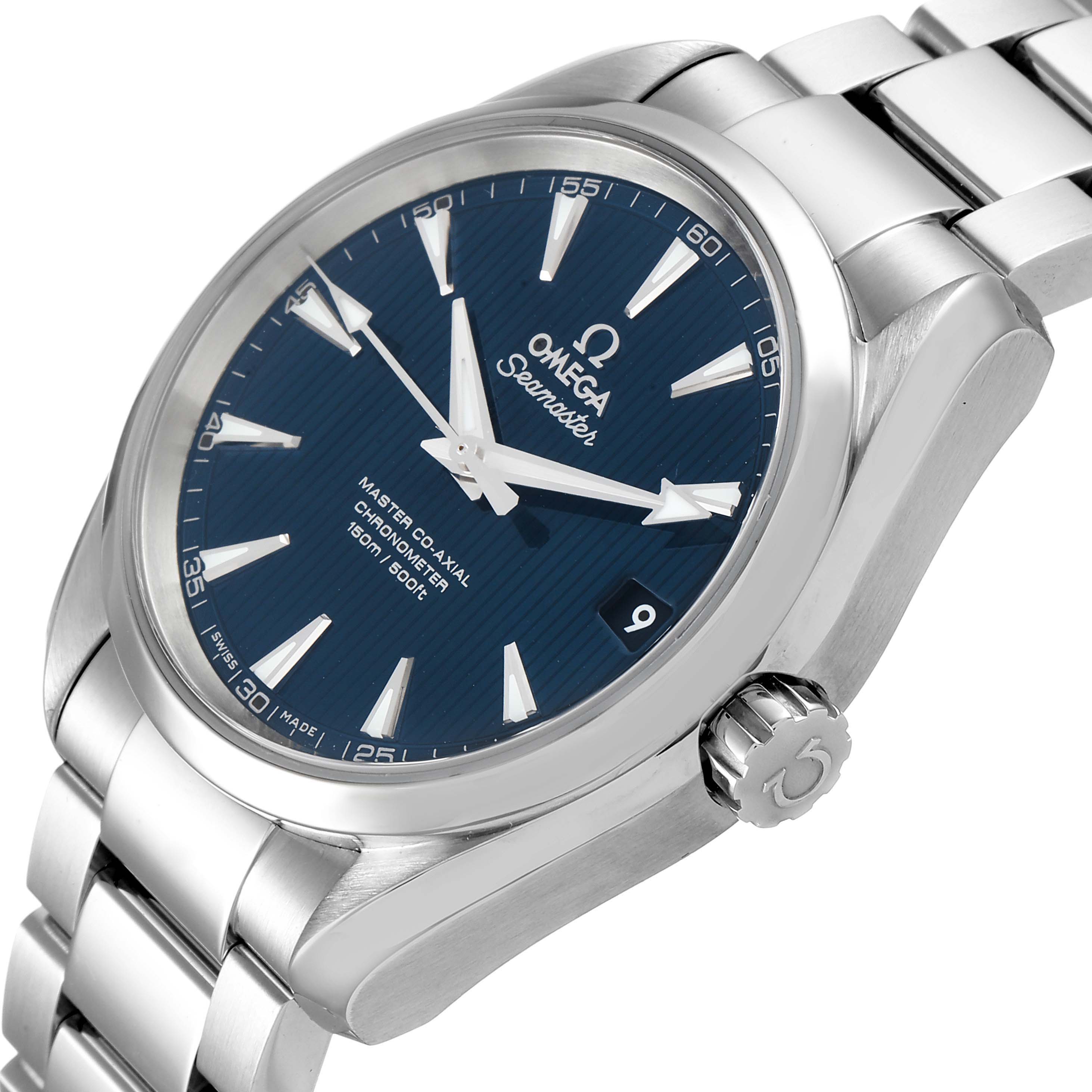 The image shows an angled view of the dial, bezel, crown, and part of the bracelet of an Omega Aqua Terra 231.10.39.21.03.002 Men
s Stainless Steel Blue Dial 231.10.39.21.03.002 Men
s Stainless Steel Blue Dial watch.