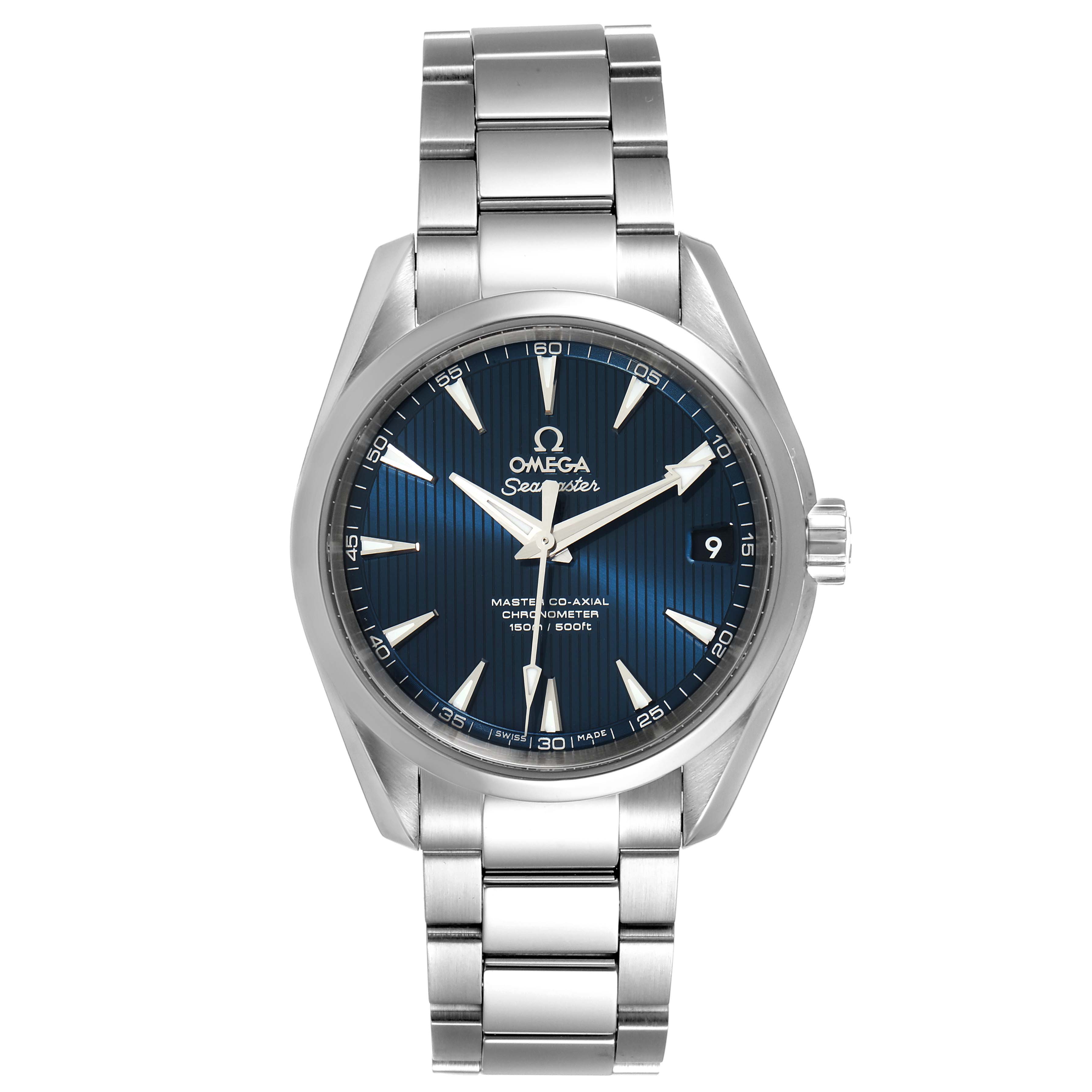 This image shows a front view of the Omega Aqua Terra 231.10.39.21.03.002 Men
s Stainless Steel Blue Dial 231.10.39.21.03.002 Men
s Stainless Steel Blue Dial watch, highlighting its blue dial, stainless steel case, and bracelet.