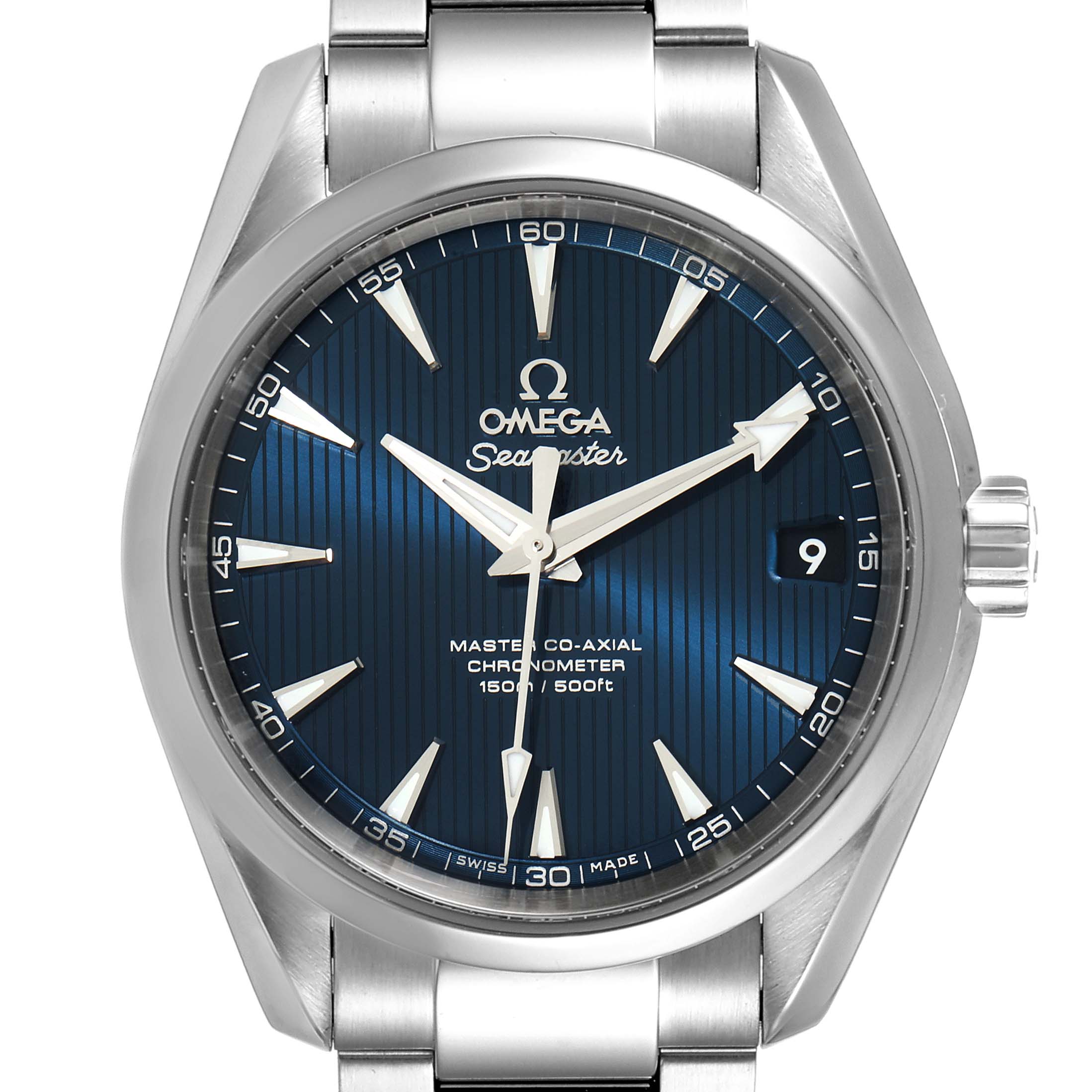 The image shows a front view of the Omega Aqua Terra 231.10.39.21.03.002 Men
s Stainless Steel Blue Dial 231.10.39.21.03.002 Men
s Stainless Steel Blue Dial watch, focusing on its dial, hands, crown, and part of the bracelet.