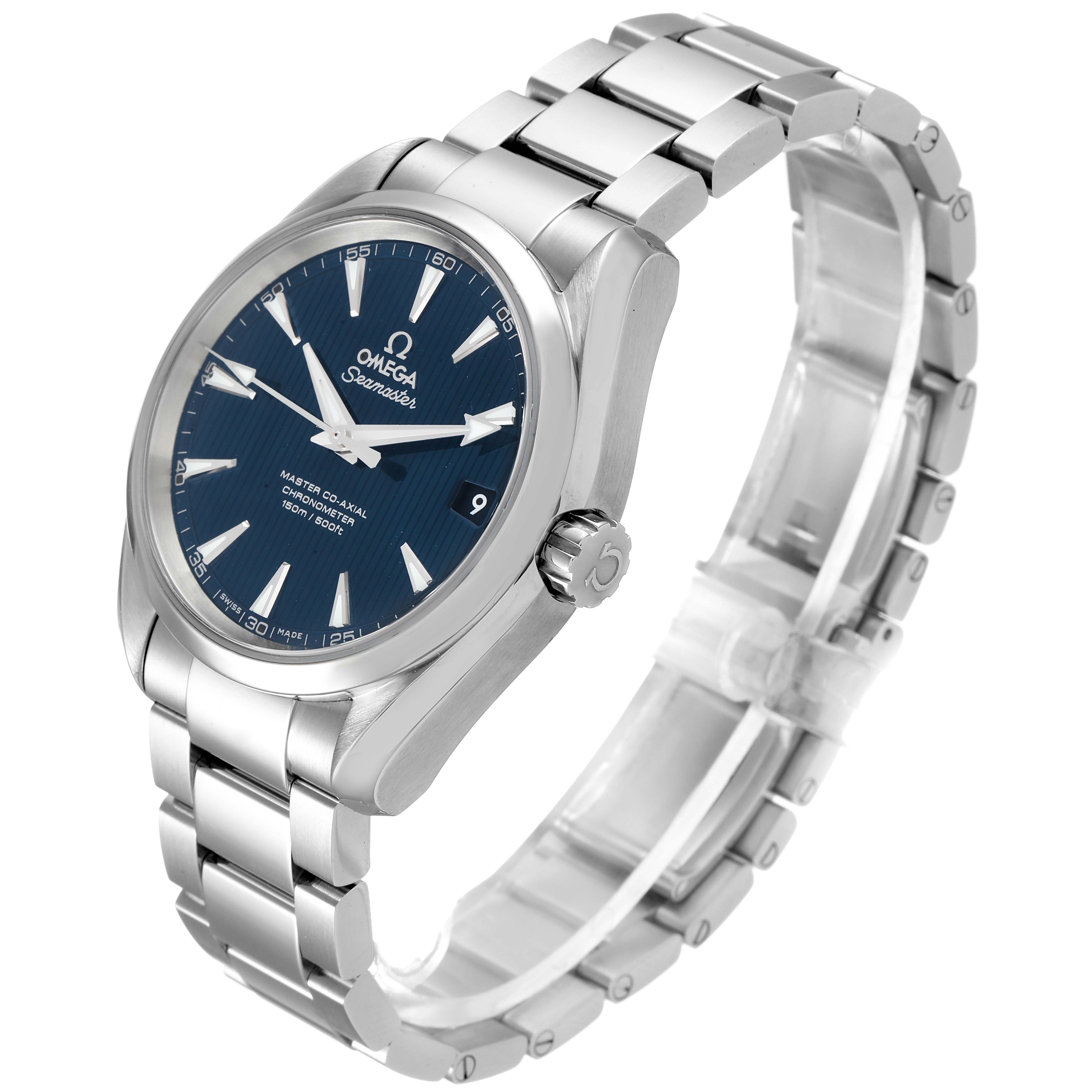 The Omega Aqua Terra 231.10.39.21.03.002 Men
s Stainless Steel Blue Dial 231.10.39.21.03.002 Men
s Stainless Steel Blue Dial watch is shown at a slight angle, displaying the face, crown, and integrated metal bracelet.