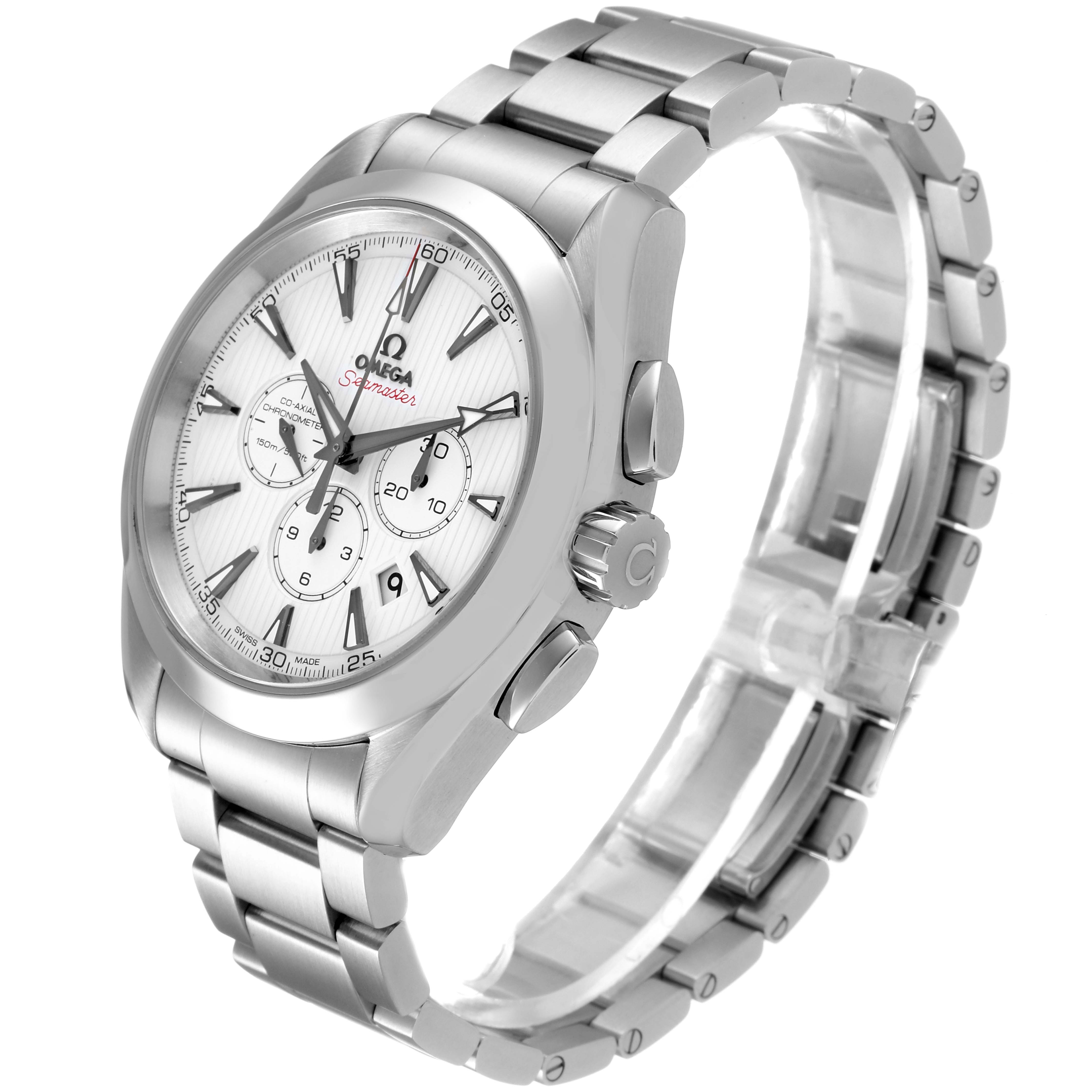 The image shows an Omega Aqua Terra 231.10.44.50.04.001 Men's Stainless Steel White Dial 231.10.44.50.04.001 Men's Stainless Steel White Dial watch, highlighting the face, bezel, crown, and bracelet at an angle.