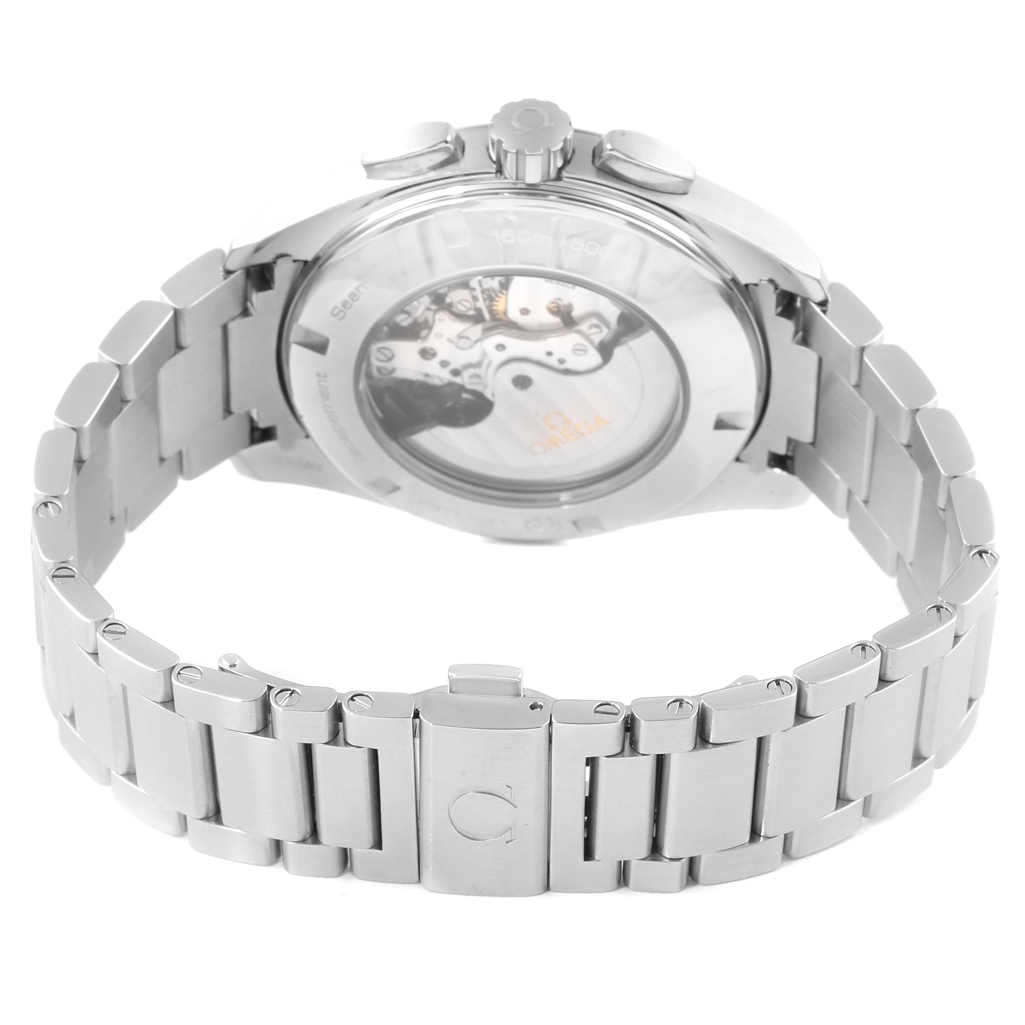 The image shows the back and bracelet of the Omega Aqua Terra 231.10.44.50.04.001 Men's Stainless Steel White Dial 231.10.44.50.04.001 Men's Stainless Steel White Dial watch, highlighting the case back and clasp.