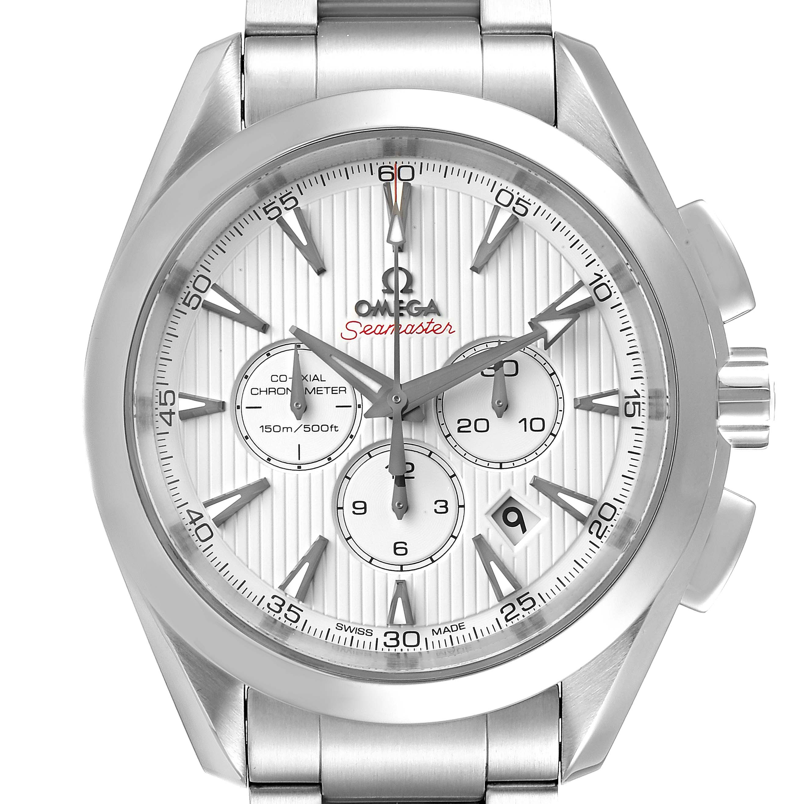 The image shows a front view of the Omega Aqua Terra 231.10.44.50.04.001 Men's Stainless Steel White Dial 231.10.44.50.04.001 Men's Stainless Steel White Dial Seamaster watch, highlighting its dial, bezel, and stainless steel bracelet.