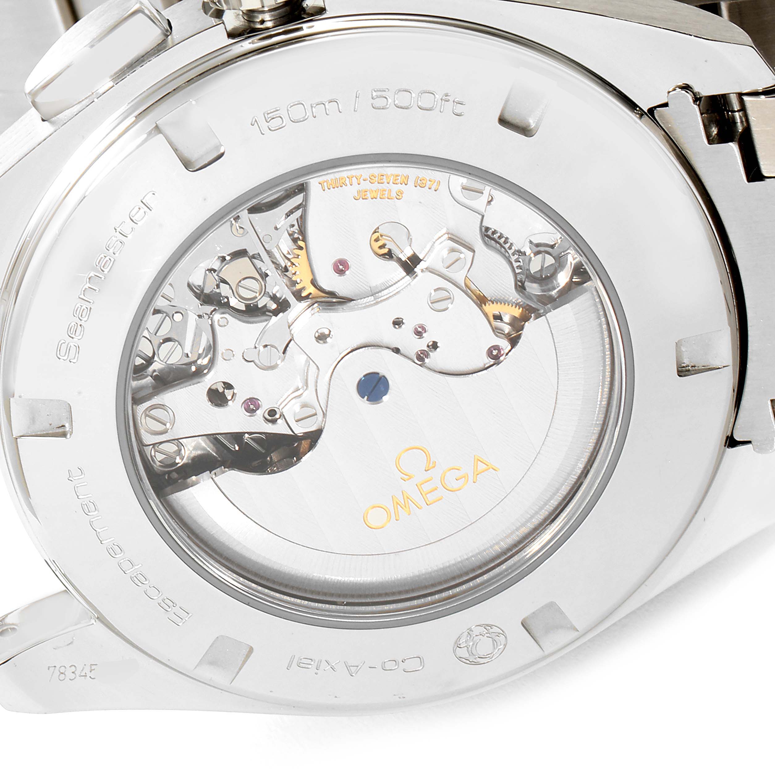 The image shows the back of an Omega Aqua Terra 231.10.44.50.04.001 Men's Stainless Steel White Dial 231.10.44.50.04.001 Men's Stainless Steel White Dial watch, displaying its automatic movement and inner mechanisms.