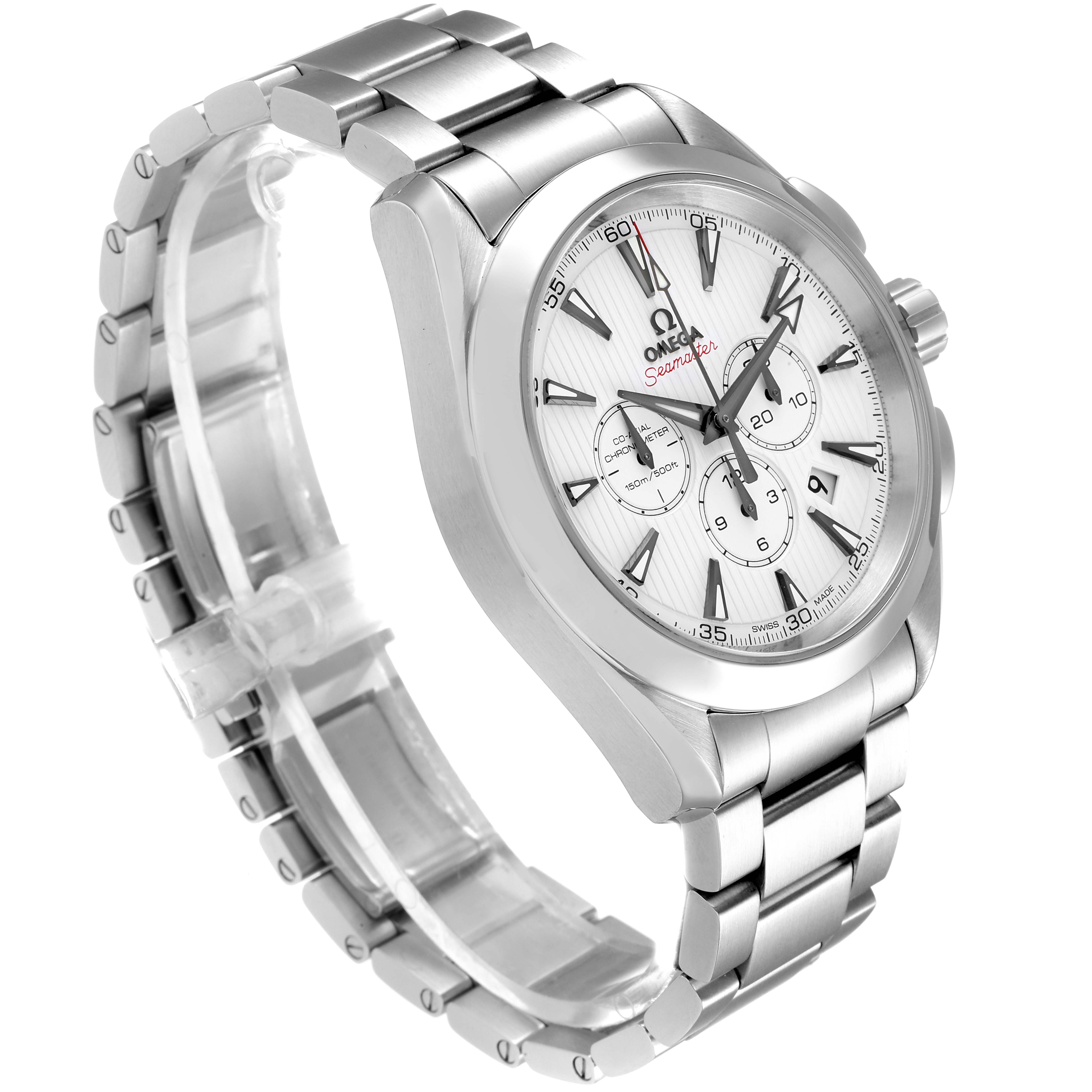 The image shows an angled view of the Omega Aqua Terra 231.10.44.50.04.001 Men's Stainless Steel White Dial 231.10.44.50.04.001 Men's Stainless Steel White Dial watch highlighting its dial, bracelet, and crown.