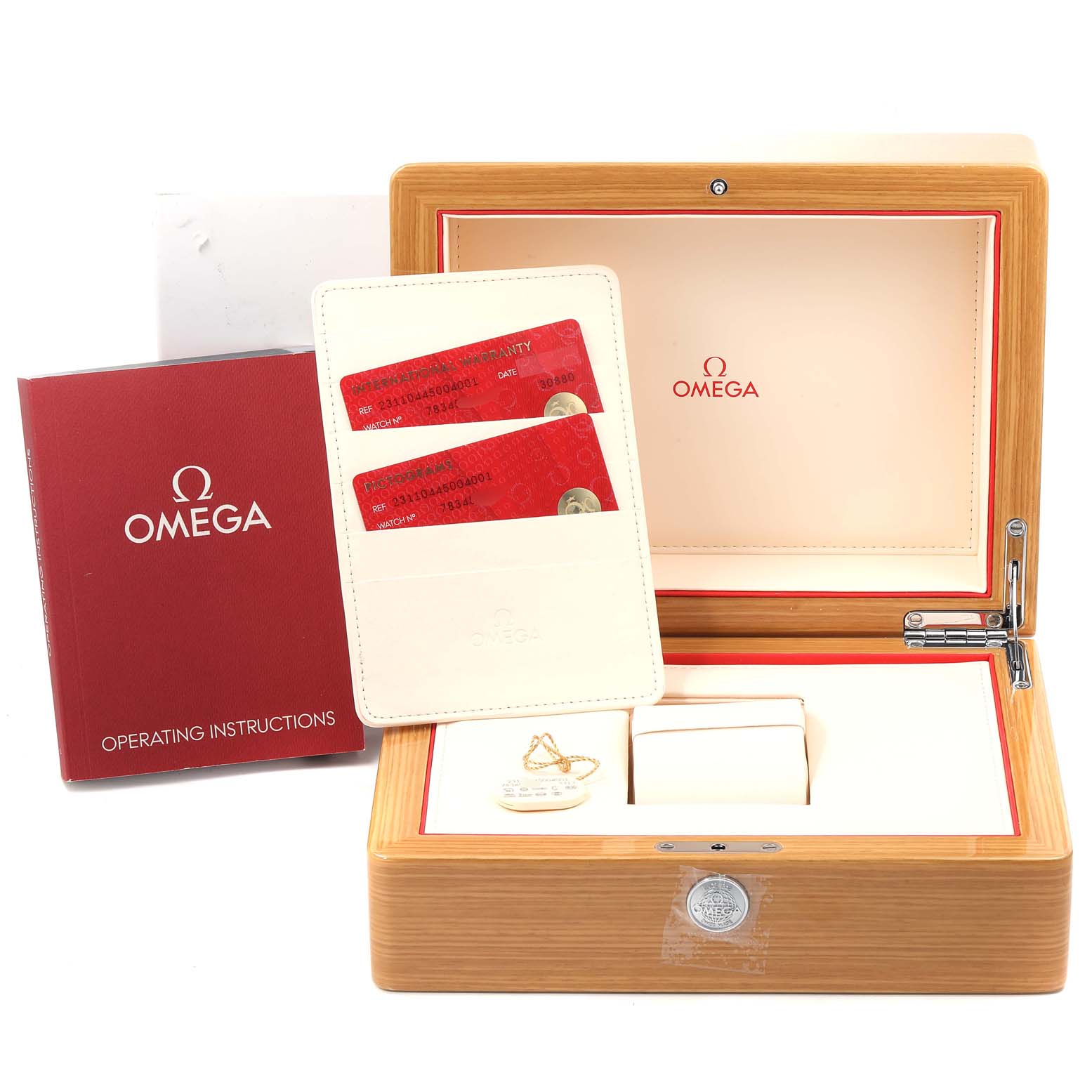 The image shows an Omega Aqua Terra 231.10.44.50.04.001 Men's Stainless Steel White Dial 231.10.44.50.04.001 Men's Stainless Steel White Dial watch box, warranty cards, operating instructions, and original packaging.