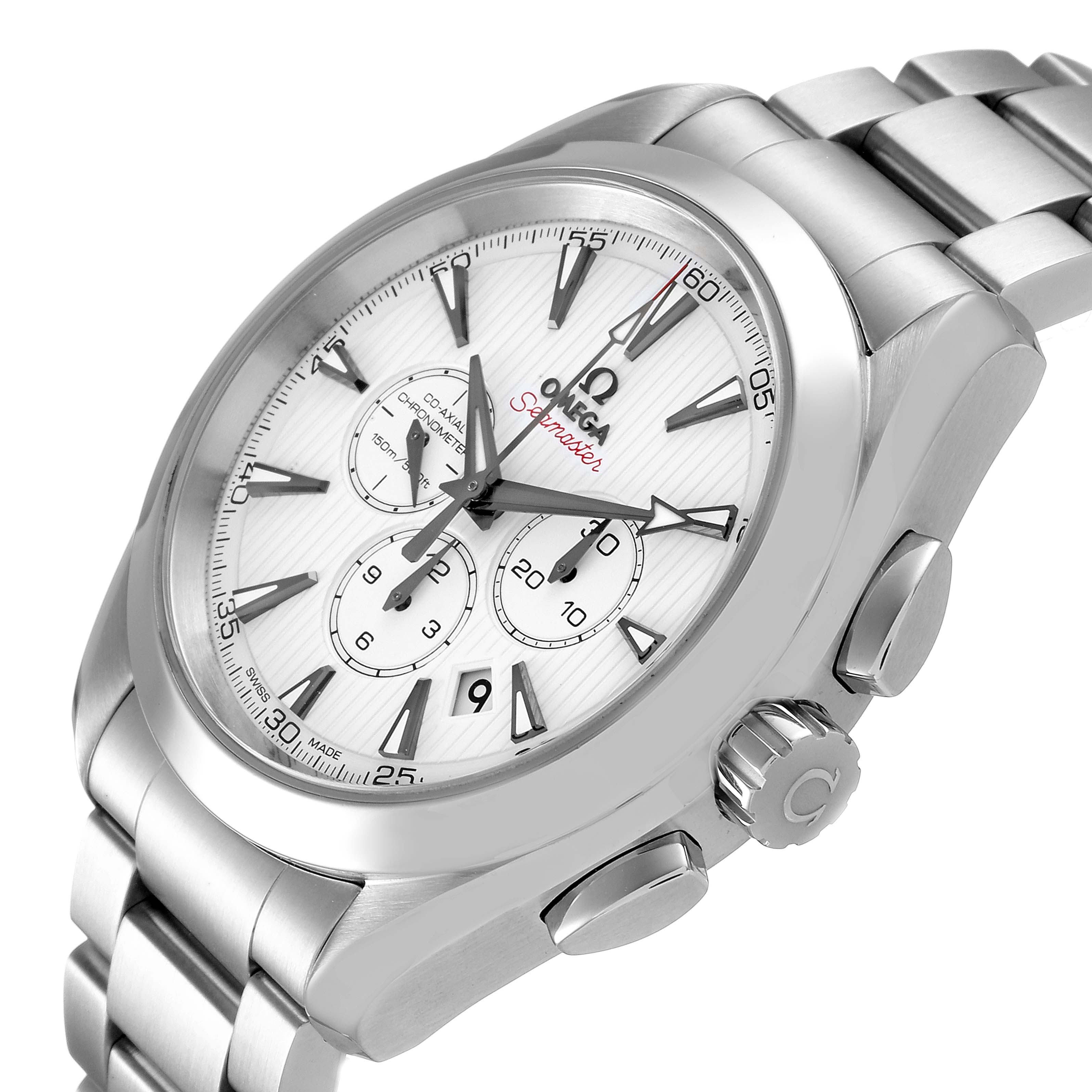 The image shows a silver Omega Aqua Terra 231.10.44.50.04.001 Men's Stainless Steel White Dial 231.10.44.50.04.001 Men's Stainless Steel White Dial watch at a slight angle, highlighting its face, bezel, and part of the bracelet.