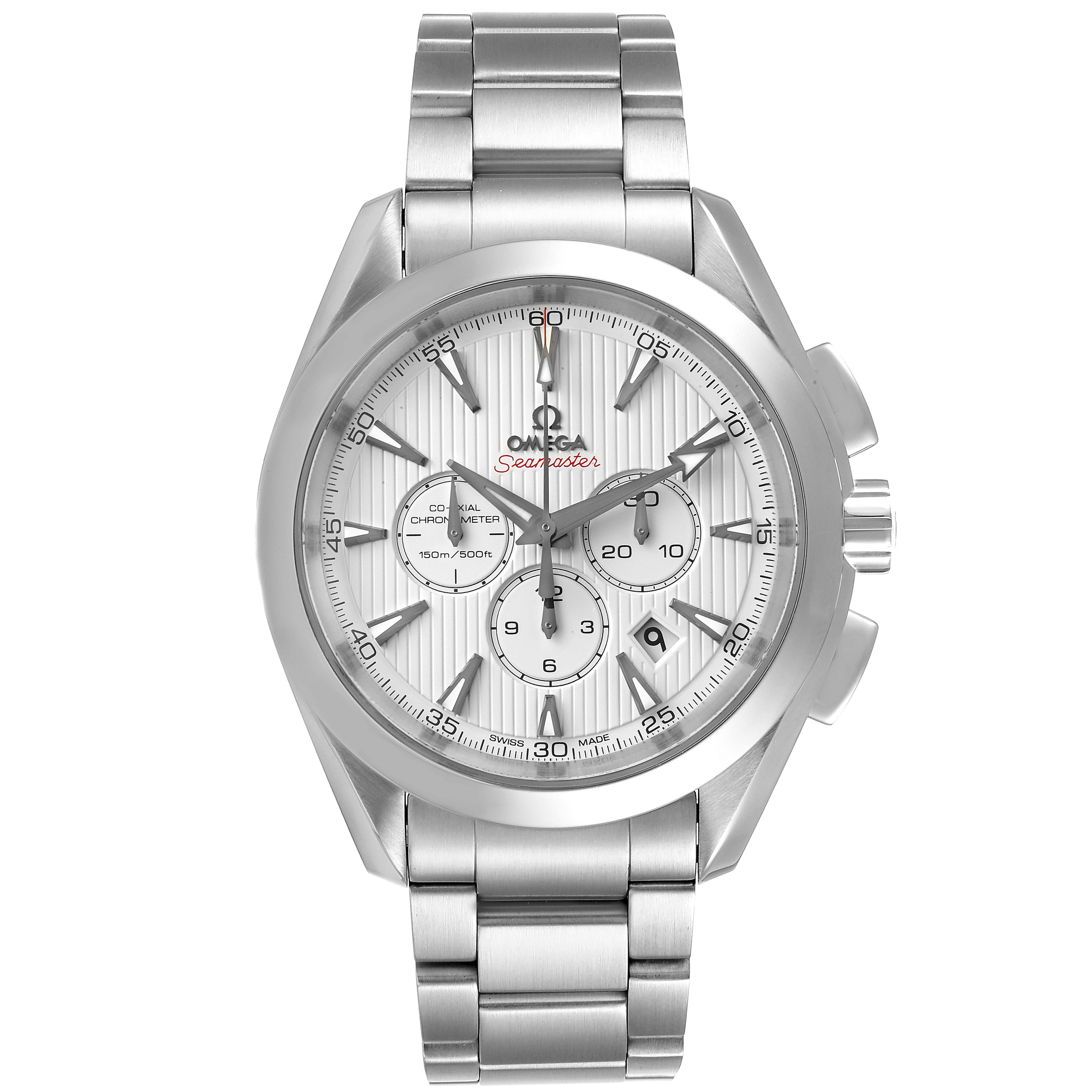 The image shows a front view of the Omega Seamaster Aqua Terra watch, highlighting its dial, bezel, bracelet, and pushers.