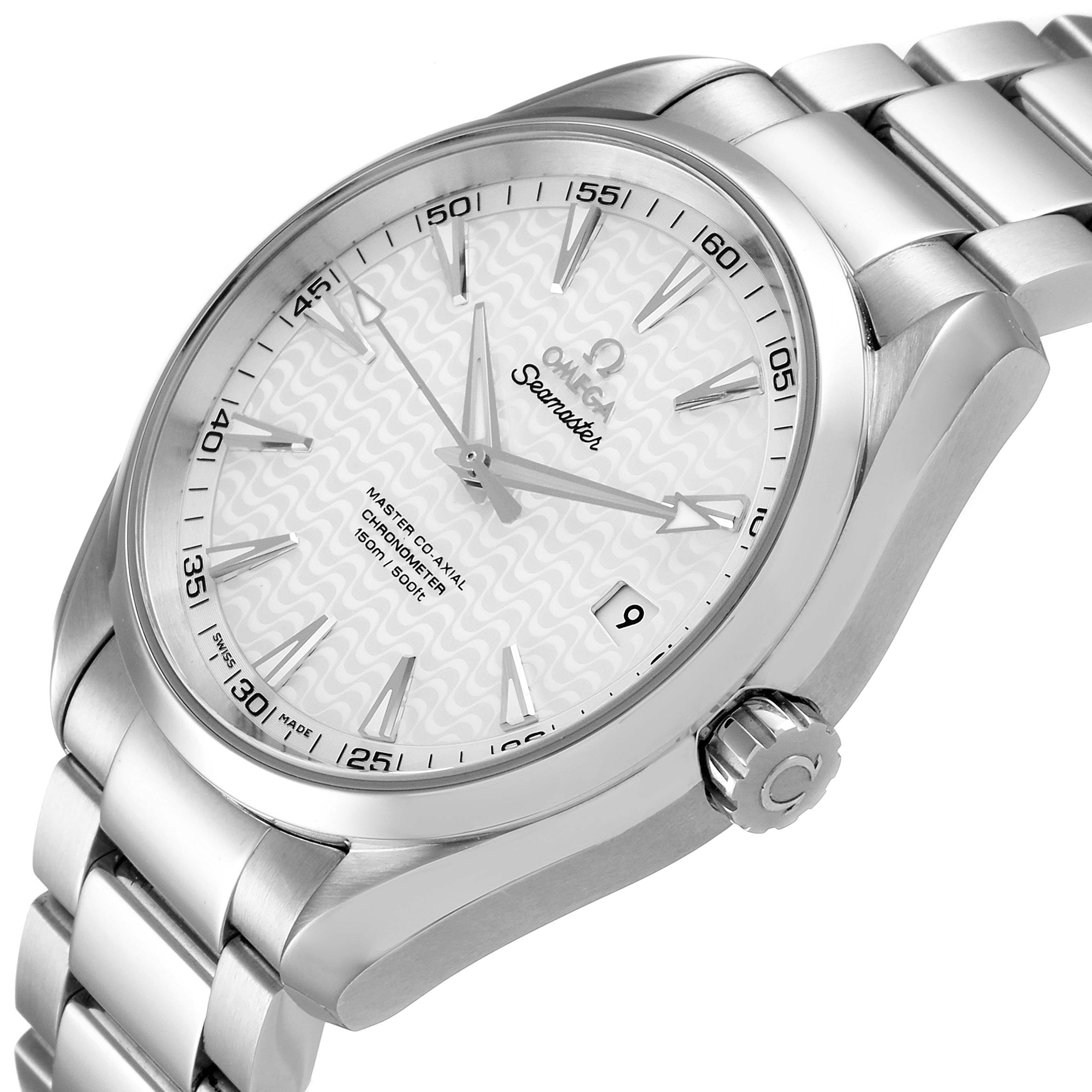 This image shows an angled view of the Omega Aqua Terra 231.10.42.21.02.006 Men
s Stainless Steel Silver Dial 231.10.42.21.02.006 Men
s Stainless Steel Silver Dial watch displaying its case, dial, hands, crown, and part of the bracelet.