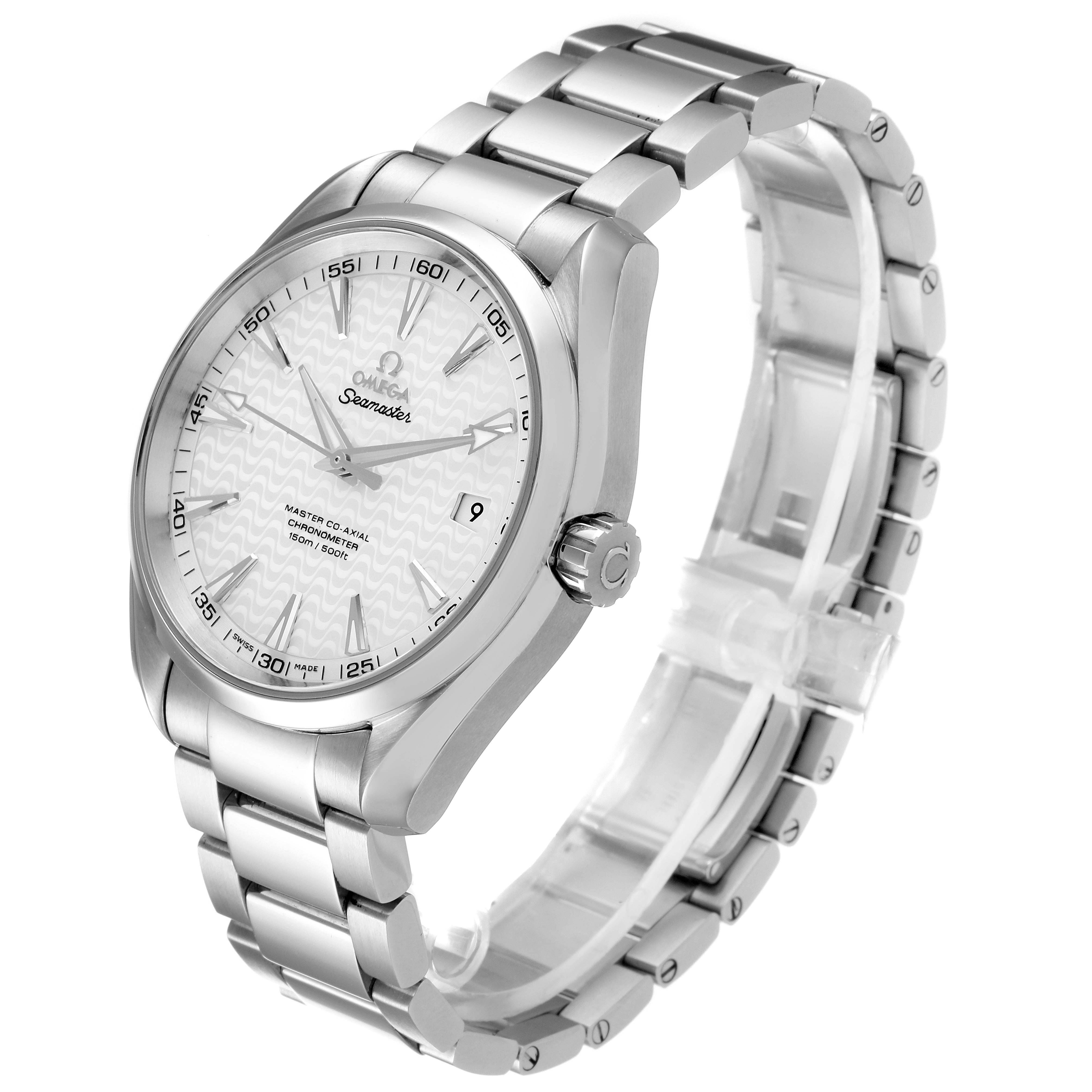 The image shows a side-angle view of the Omega Aqua Terra 231.10.42.21.02.006 Men
s Stainless Steel Silver Dial 231.10.42.21.02.006 Men
s Stainless Steel Silver Dial watch, highlighting its dial, case, crown, and metal bracelet.