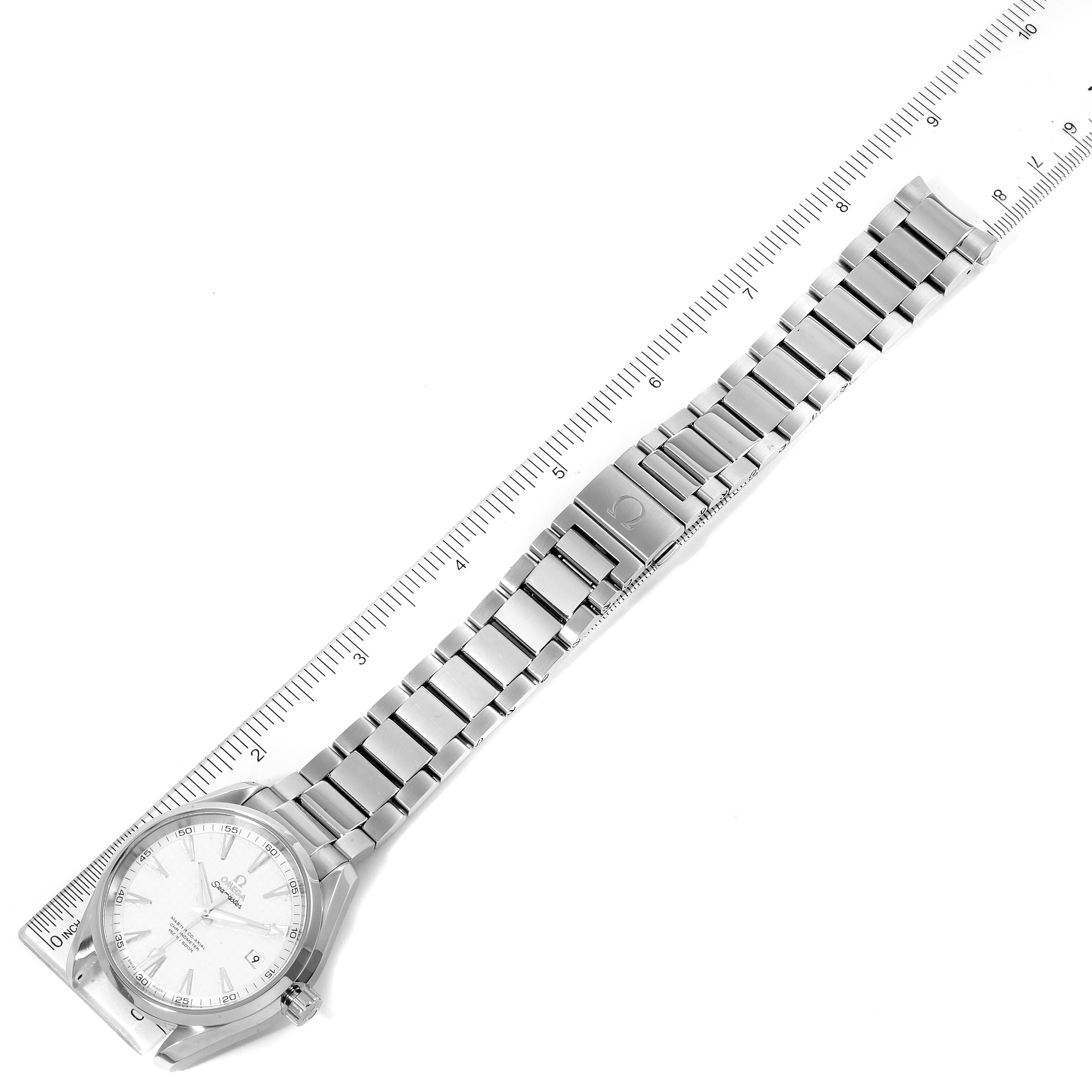 The Omega Aqua Terra 231.10.42.21.02.006 Men
s Stainless Steel Silver Dial 231.10.42.21.02.006 Men
s Stainless Steel Silver Dial watch is shown from a top-down angle, displaying its full face and metal bracelet with rulers on both sides.