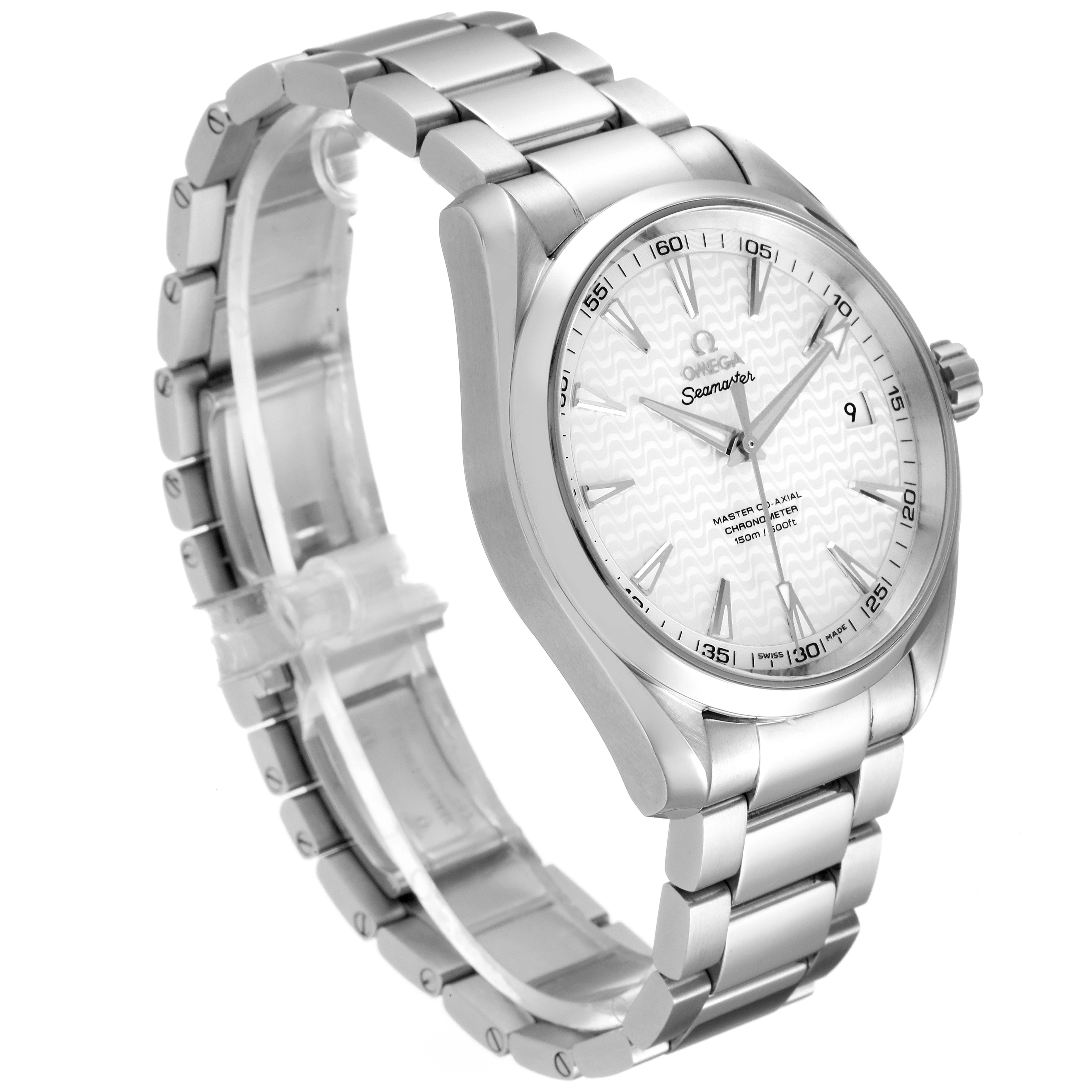 The image shows a side angle of the Omega Aqua Terra 231.10.42.21.02.006 Men
s Stainless Steel Silver Dial 231.10.42.21.02.006 Men
s Stainless Steel Silver Dial watch, highlighting the face, bezel, and stainless steel bracelet.