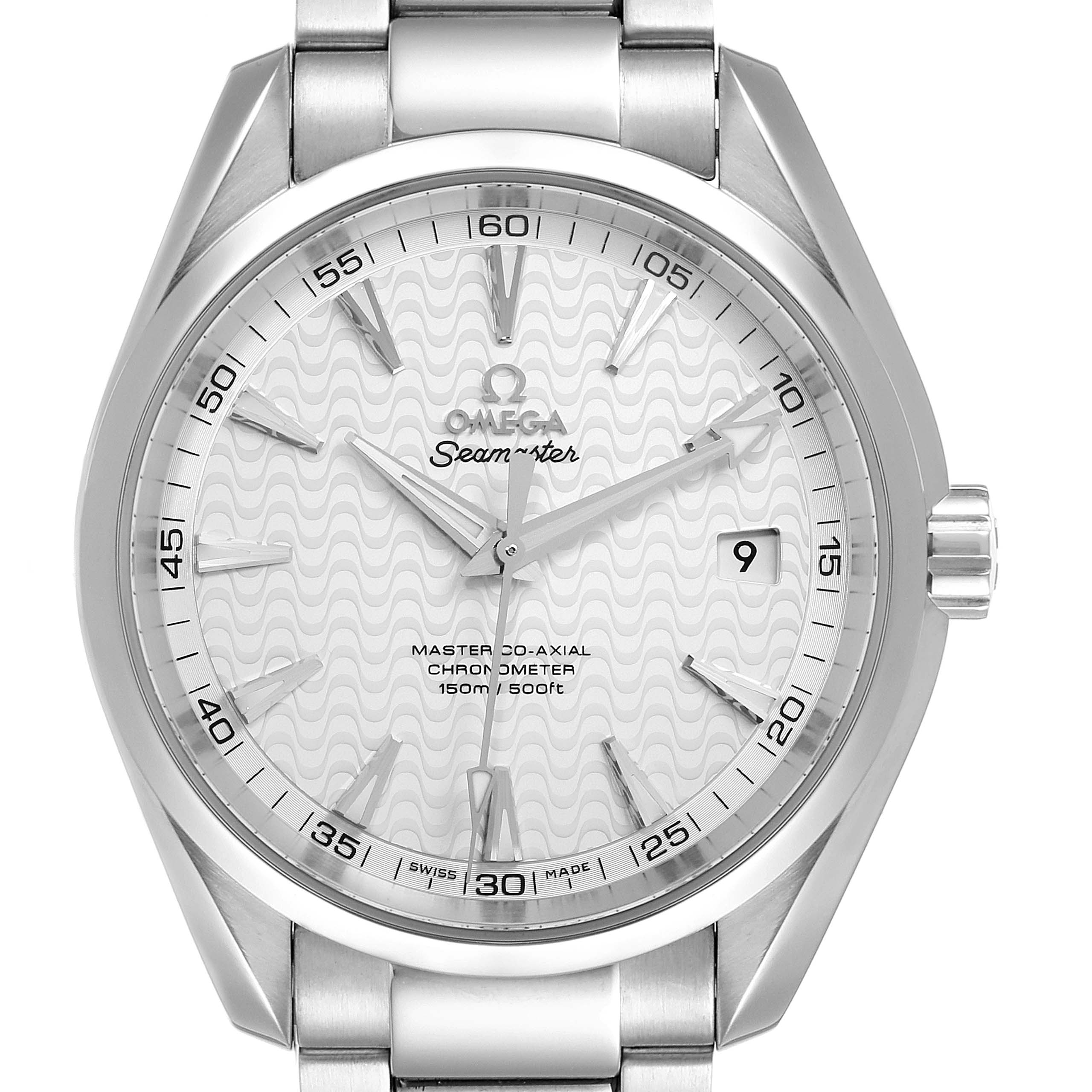 The image shows a front view of the Omega Aqua Terra 231.10.42.21.02.006 Men
s Stainless Steel Silver Dial 231.10.42.21.02.006 Men
s Stainless Steel Silver Dial watch, featuring its dial, bezel, bracelet, and crown.