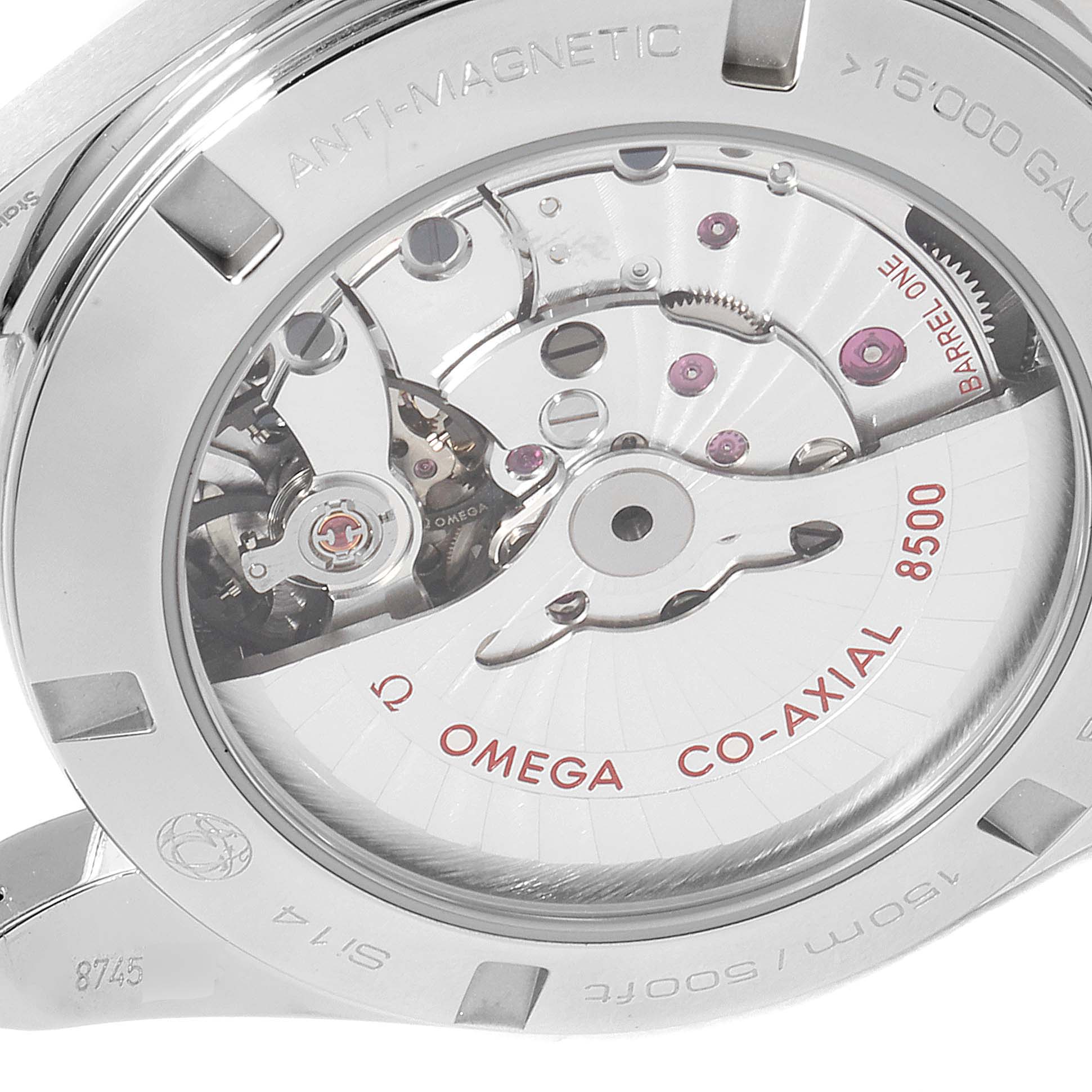 The image shows the back view of the Omega Aqua Terra 231.10.42.21.02.006 Men
s Stainless Steel Silver Dial 231.10.42.21.02.006 Men
s Stainless Steel Silver Dial watch, highlighting the Co-Axial 8500 movement and antimagnetic features.
