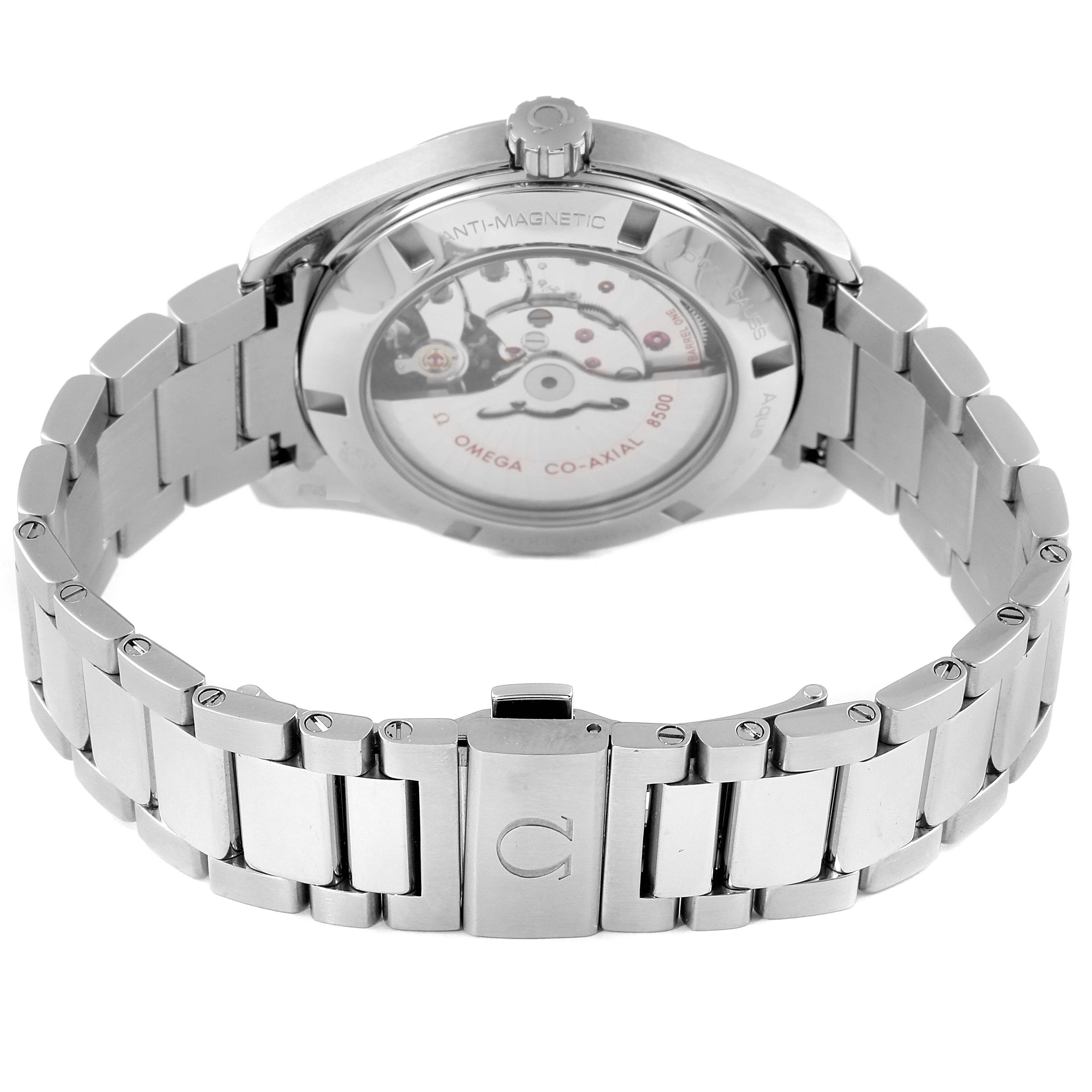 The image shows the back view of an Omega Aqua Terra 231.10.42.21.02.006 Men
s Stainless Steel Silver Dial 231.10.42.21.02.006 Men
s Stainless Steel Silver Dial watch, highlighting its open case back and metal bracelet.