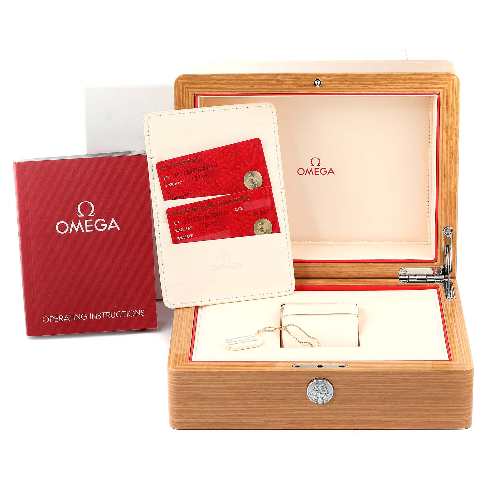 The image shows the packaging, instruction book, and warranty cards for the Omega Aqua Terra 231.10.43.52.03.001 Men's Stainless Steel Blue Dial 231.10.43.52.03.001 Men's Stainless Steel Blue Dial model watch.