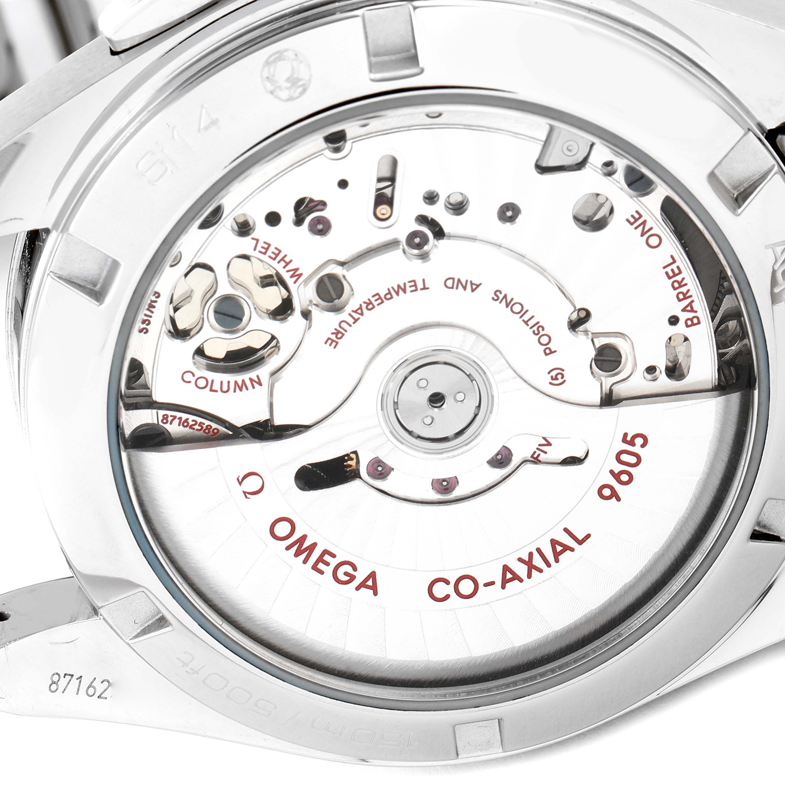 The image shows the back view of the Omega Aqua Terra 231.10.43.52.03.001 Men's Stainless Steel Blue Dial 231.10.43.52.03.001 Men's Stainless Steel Blue Dial watch, revealing its Co-Axial 9605 movement through a transparent case back.