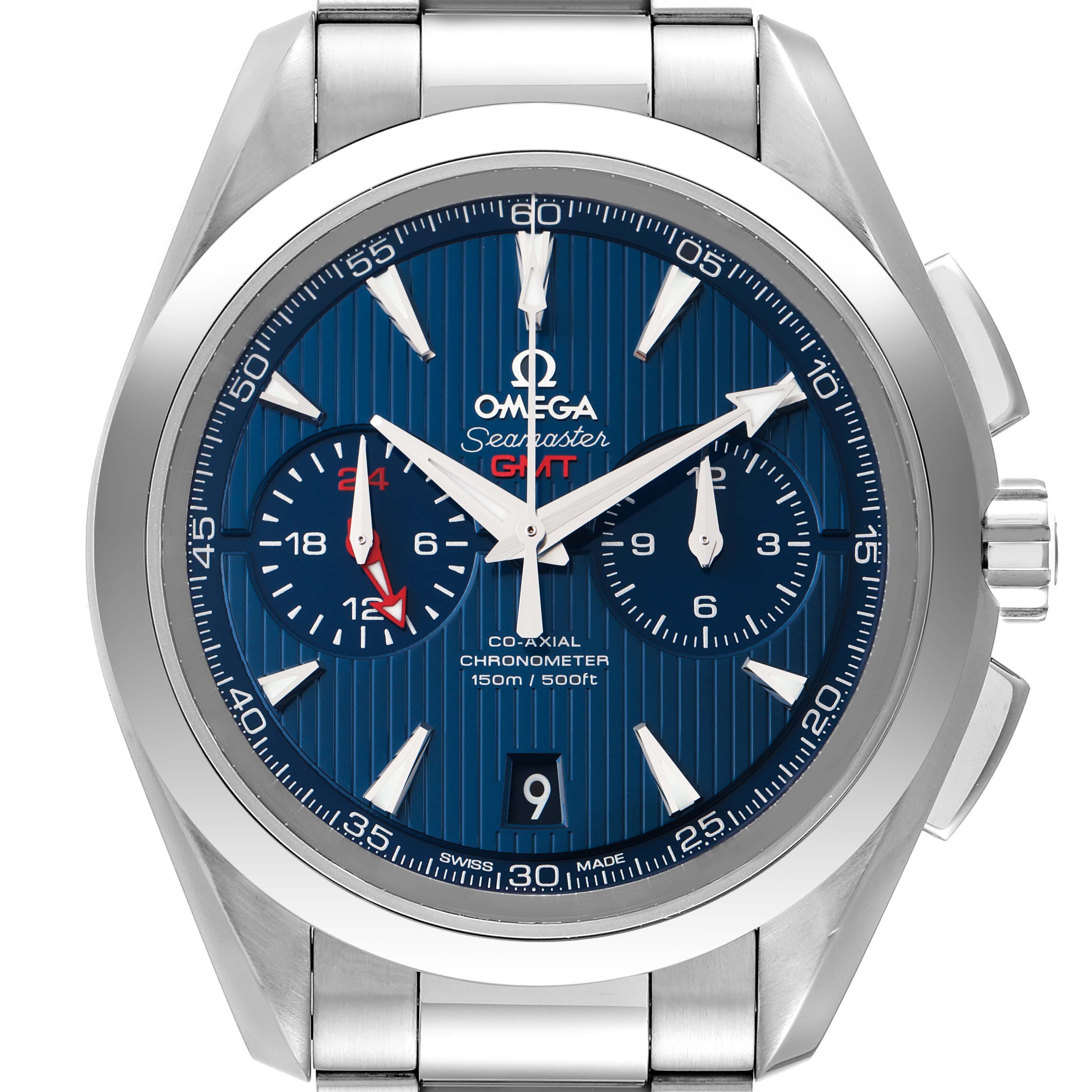 The image shows a front view of the Omega Aqua Terra 231.10.43.52.03.001 Men's Stainless Steel Blue Dial 231.10.43.52.03.001 Men's Stainless Steel Blue Dial watch, highlighting the blue dial, sub-dials, and stainless steel bracelet.