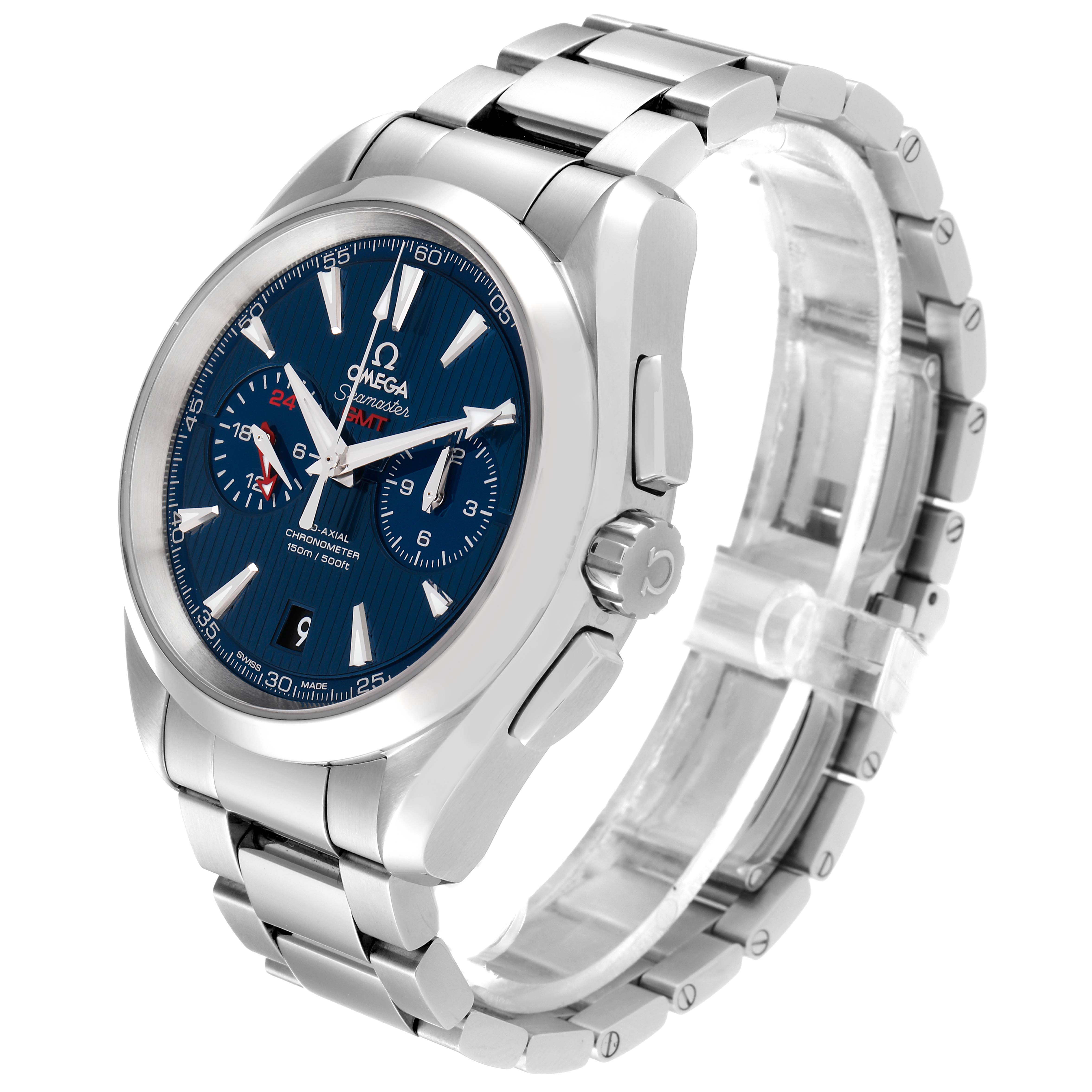 The image shows an Omega Seamaster Aqua Terra watch at an angled side view, highlighting the face, crown, and bracelet.