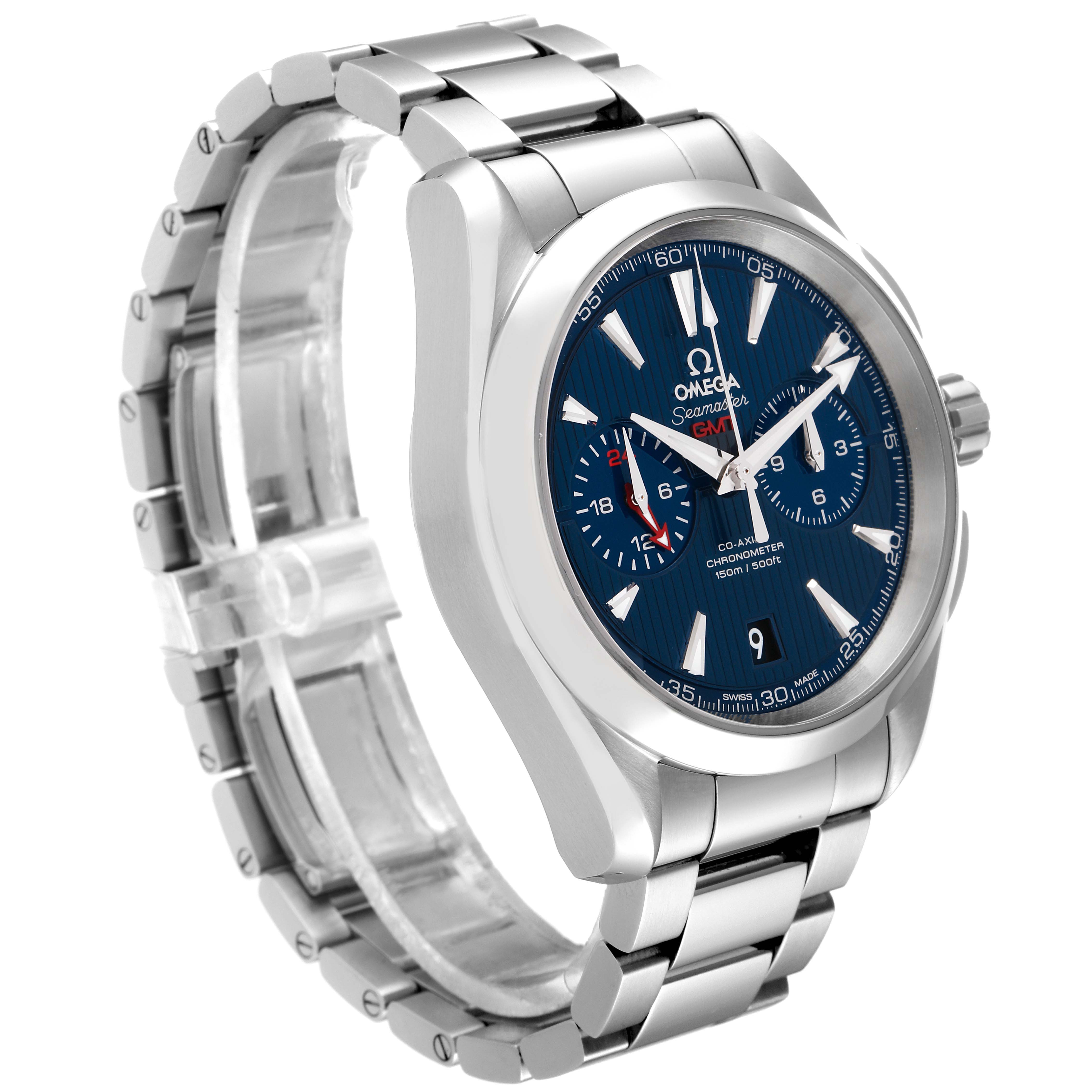 The Omega Aqua Terra 231.10.43.52.03.001 Men's Stainless Steel Blue Dial 231.10.43.52.03.001 Men's Stainless Steel Blue Dial watch is shown at a three-quarter angle, highlighting the metal bracelet, blue dial, and chronograph features.