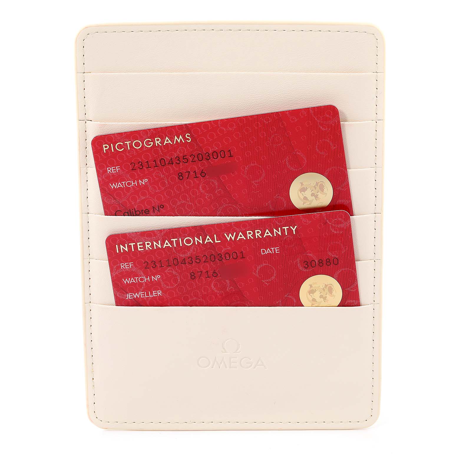 The image shows the warranty cards for an Omega Aqua Terra 231.10.43.52.03.001 Men's Stainless Steel Blue Dial 231.10.43.52.03.001 Men's Stainless Steel Blue Dial watch, placed in a leather cardholder.