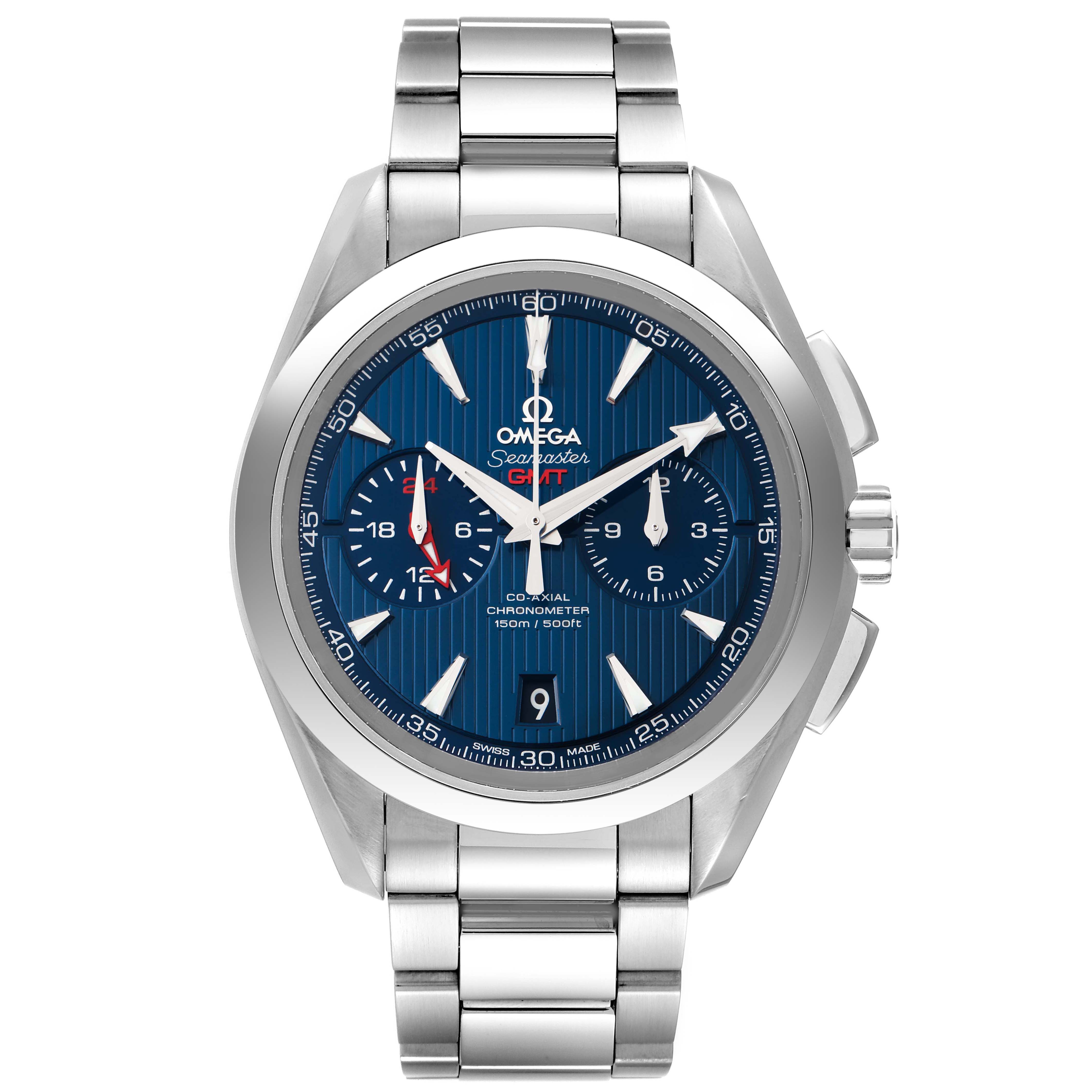 The image shows a front view of an Omega Aqua Terra 231.10.43.52.03.001 Men's Stainless Steel Blue Dial 231.10.43.52.03.001 Men's Stainless Steel Blue Dial watch with a stainless steel bracelet.
