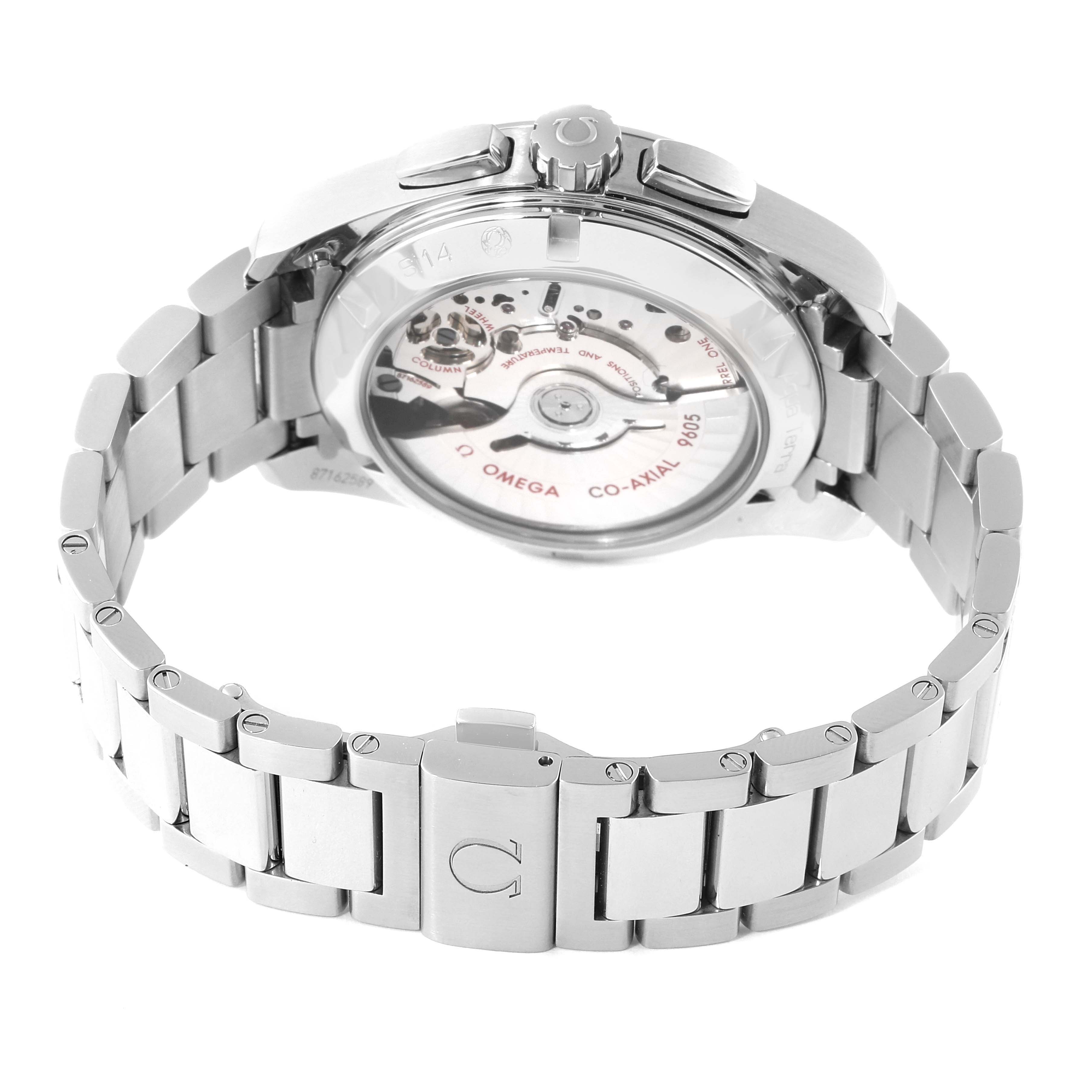 This image shows the back view of the Omega Aqua Terra 231.10.43.52.03.001 Men's Stainless Steel Blue Dial 231.10.43.52.03.001 Men's Stainless Steel Blue Dial watch, highlighting its silver band and exposed automatic movement.