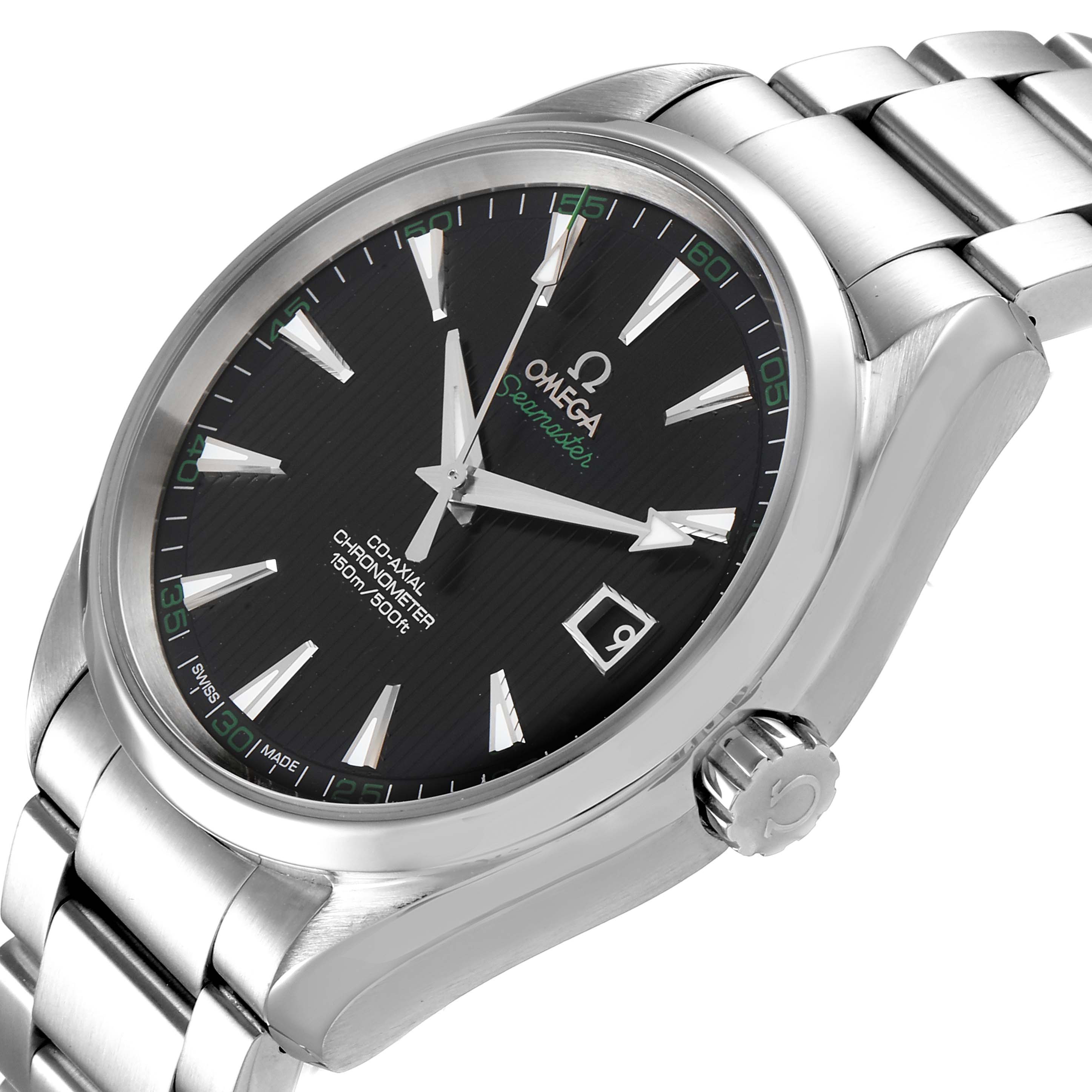 The image shows an Omega Aqua Terra 231.10.42.21.01.001 Men's Stainless Steel Black Dial 231.10.42.21.01.001 Men's Stainless Steel Black Dial watch from a right-side angle, highlighting the dial, crown, and stainless steel band.