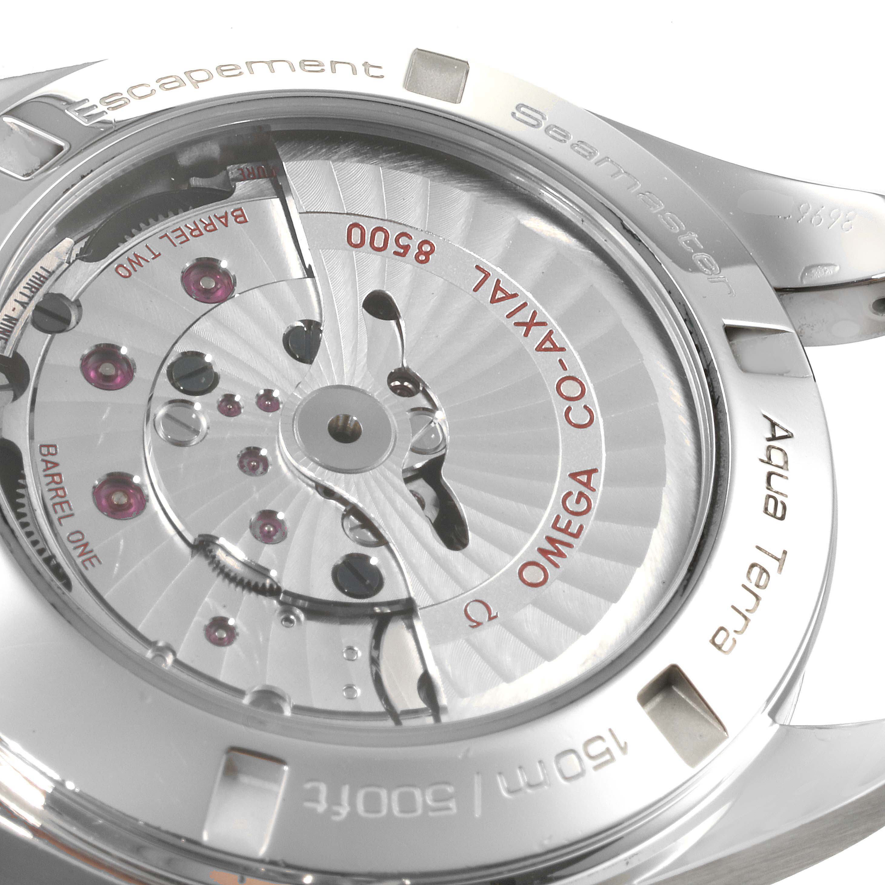 The image shows the back view of the Omega Aqua Terra 231.10.42.21.01.001 Men's Stainless Steel Black Dial 231.10.42.21.01.001 Men's Stainless Steel Black Dial watch, revealing its movement and mechanisms.