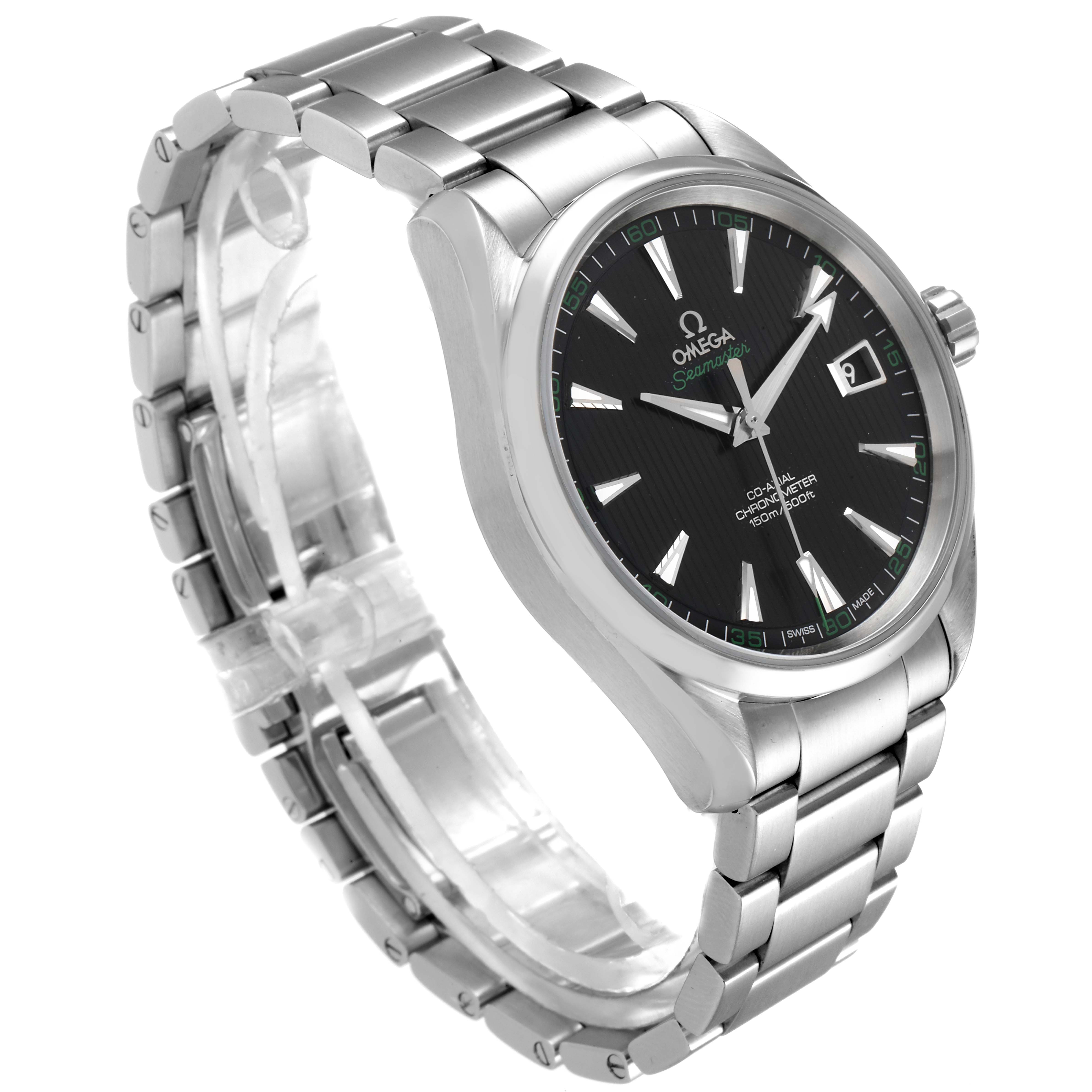 The Omega Aqua Terra 231.10.42.21.01.001 Men's Stainless Steel Black Dial 231.10.42.21.01.001 Men's Stainless Steel Black Dial watch is shown at an angle displaying its stainless steel bracelet, black dial, and date window at the three o'clock position.