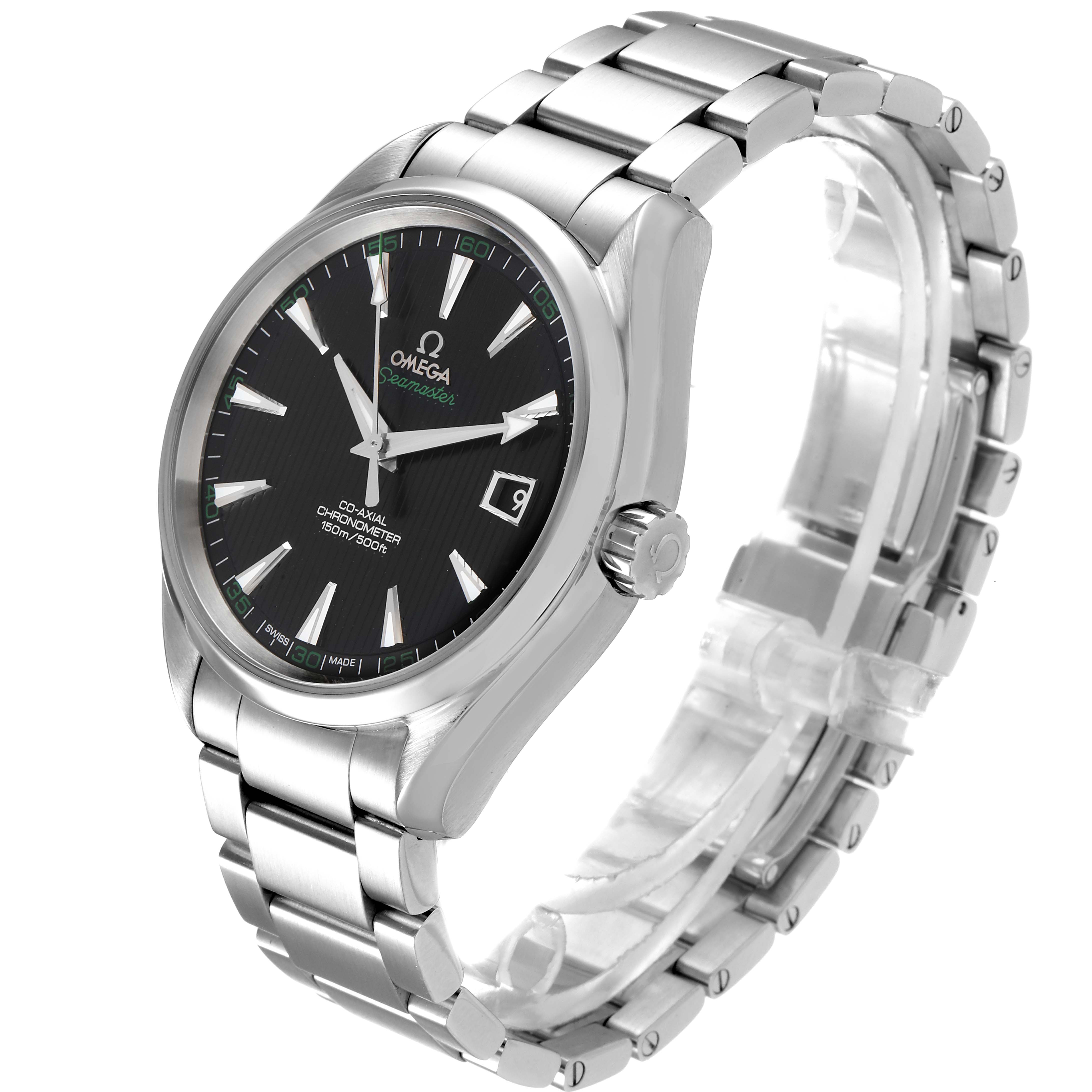 The image shows the Omega Aqua Terra 231.10.42.21.01.001 Men's Stainless Steel Black Dial 231.10.42.21.01.001 Men's Stainless Steel Black Dial model watch from an angled front view, highlighting its face, bezel, and bracelet.