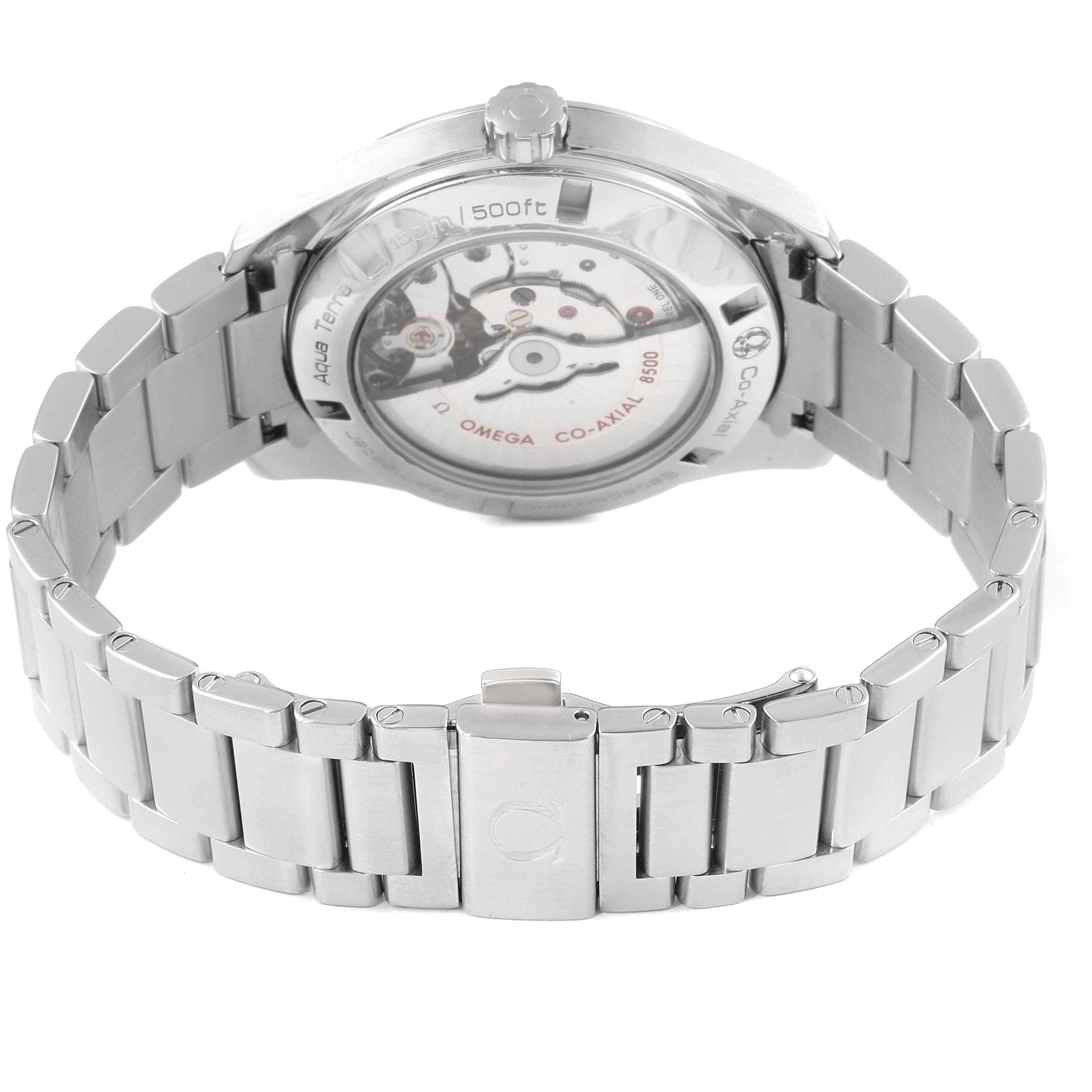 The image shows the back view of the Omega Aqua Terra 231.10.42.21.01.001 Men's Stainless Steel Black Dial 231.10.42.21.01.001 Men's Stainless Steel Black Dial watch, displaying its co-axial movement and metal bracelet.