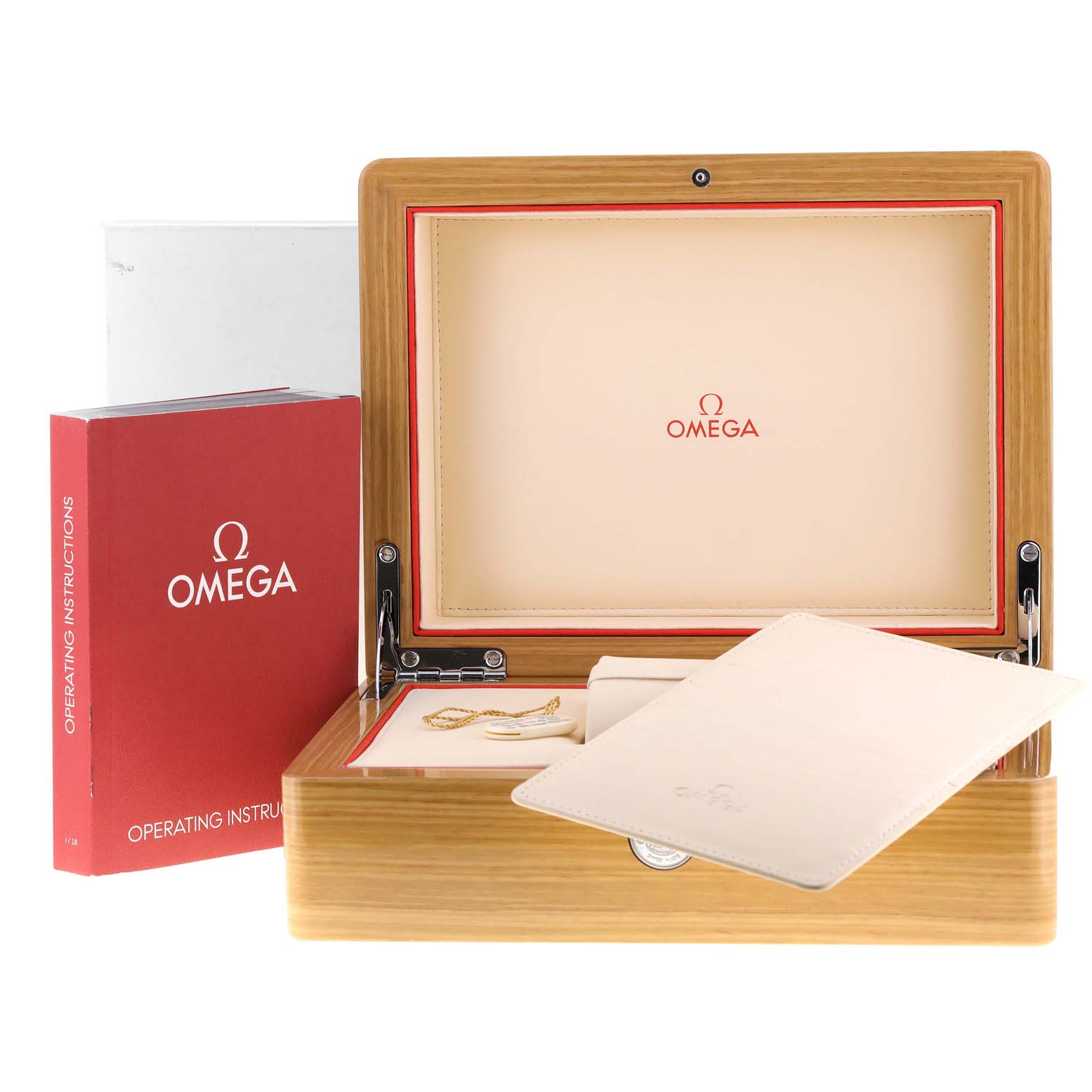 The image shows the Omega Aqua Terra 231.10.42.21.01.001 Men's Stainless Steel Black Dial 231.10.42.21.01.001 Men's Stainless Steel Black Dial watch accessories, including a wooden presentation box, operating instructions, and a warranty card.