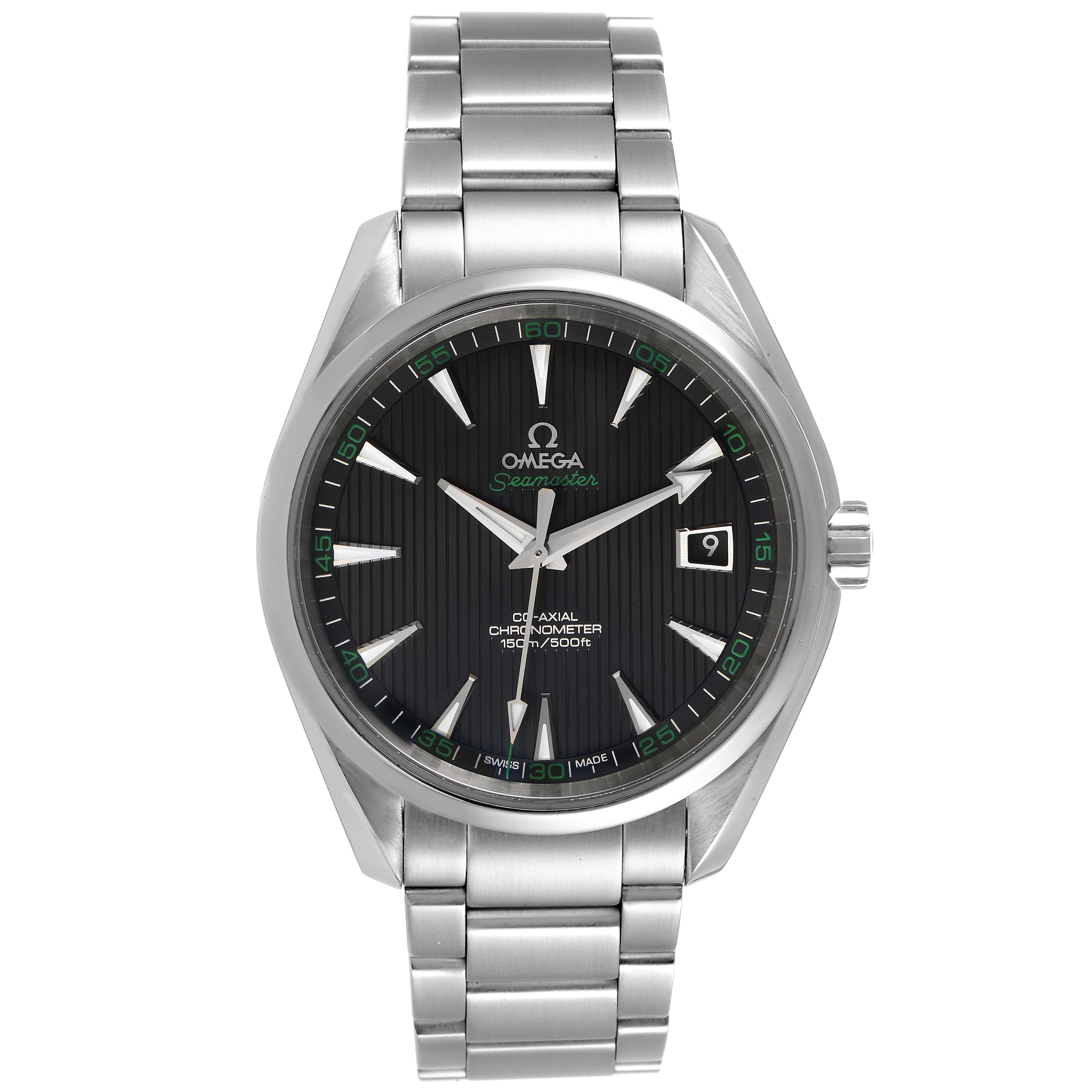 The image shows a front view of an Omega Aqua Terra 231.10.42.21.01.001 Men's Stainless Steel Black Dial 231.10.42.21.01.001 Men's Stainless Steel Black Dial watch, displaying the dial, bracelet, and date window.